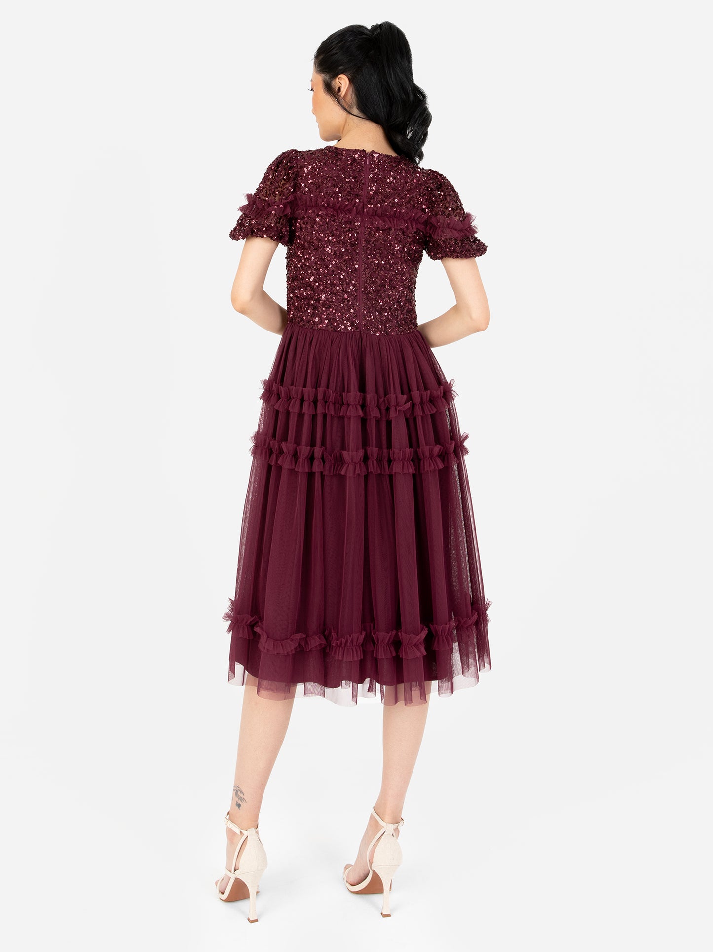 Maya Red Embellished Short Sleeve Midi Dress