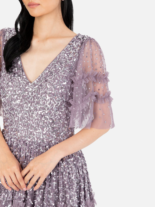 Maya Moody Lilac Fully Embellished Short Sleeve Maxi Dress