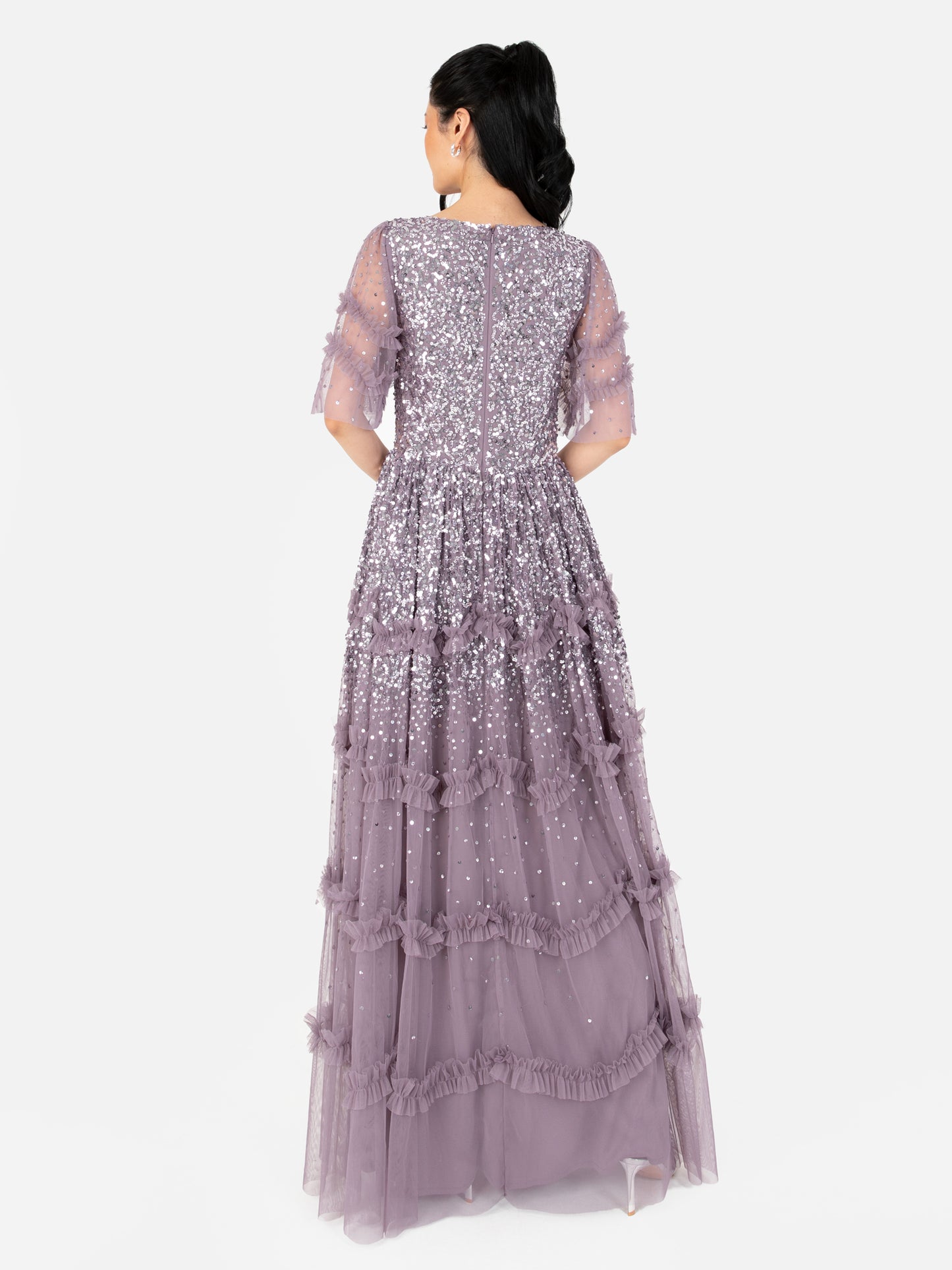 Maya Moody Lilac Fully Embellished Short Sleeve Maxi Dress