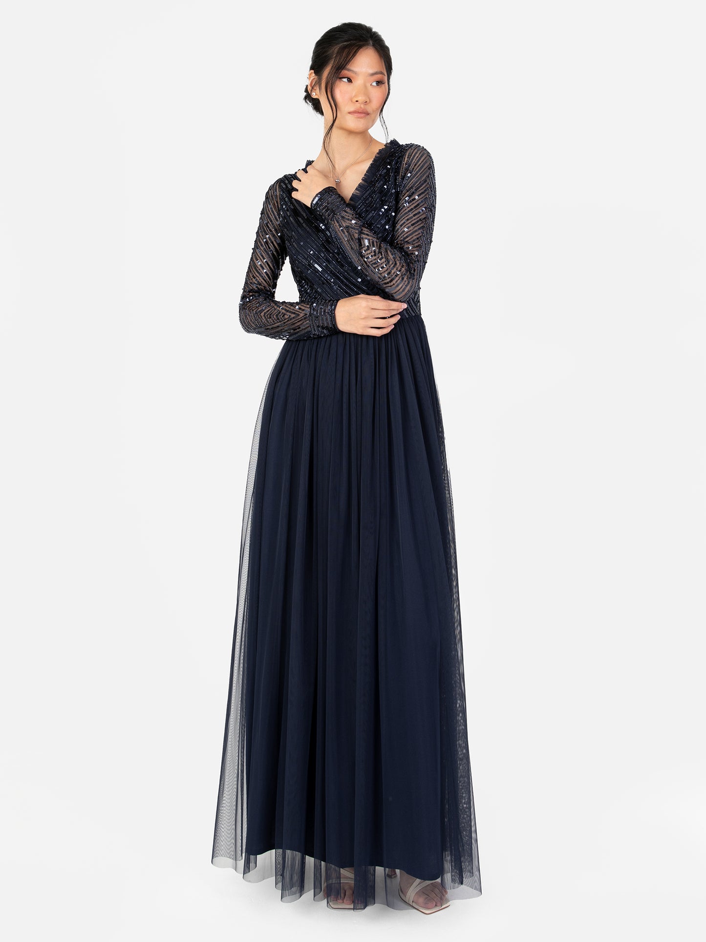 Maya Navy Stripe Embellished Faux Wrap Bodice Maxi Dress