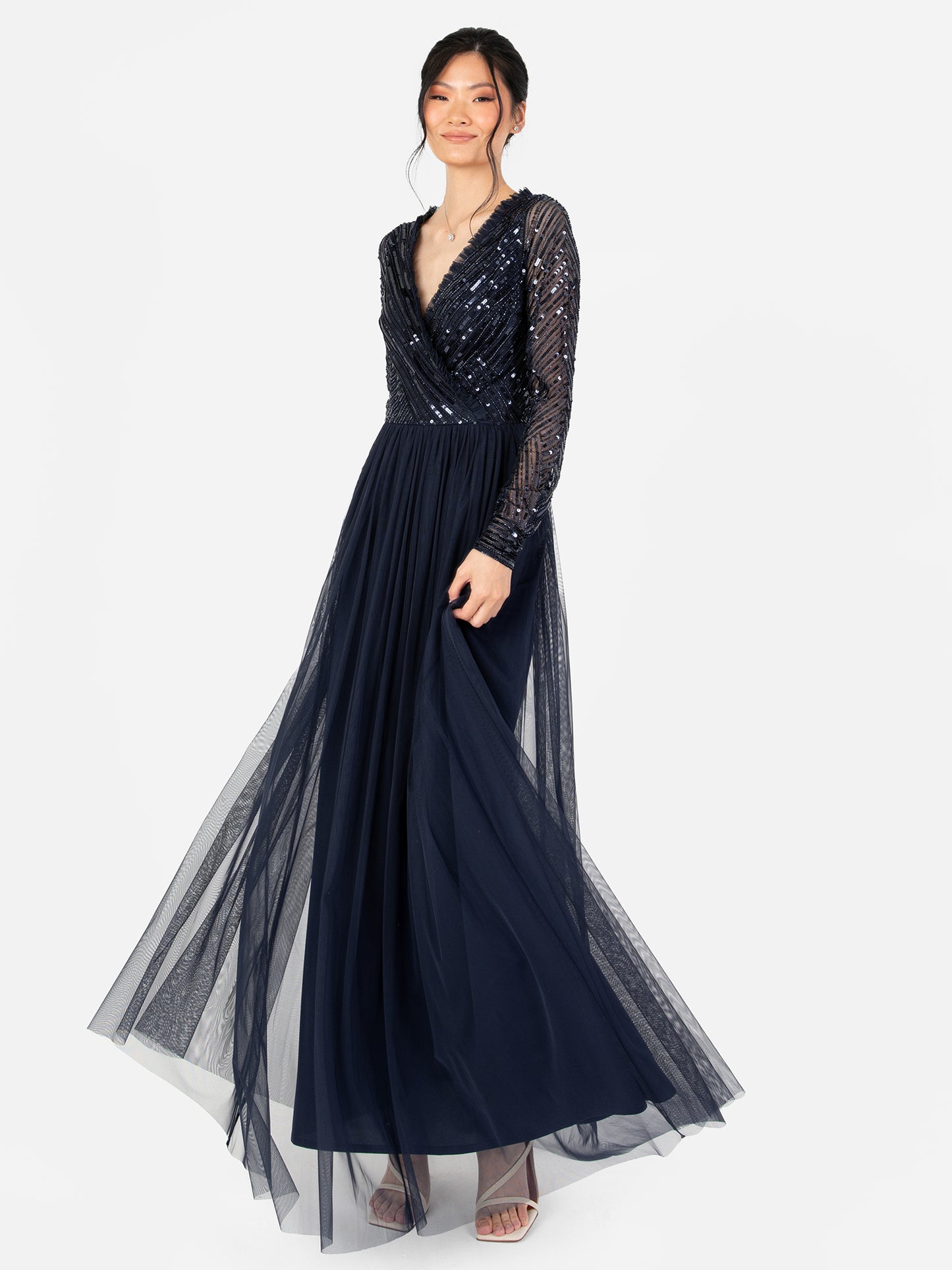 Maya Navy Stripe Embellished Faux Wrap Bodice Maxi Dress