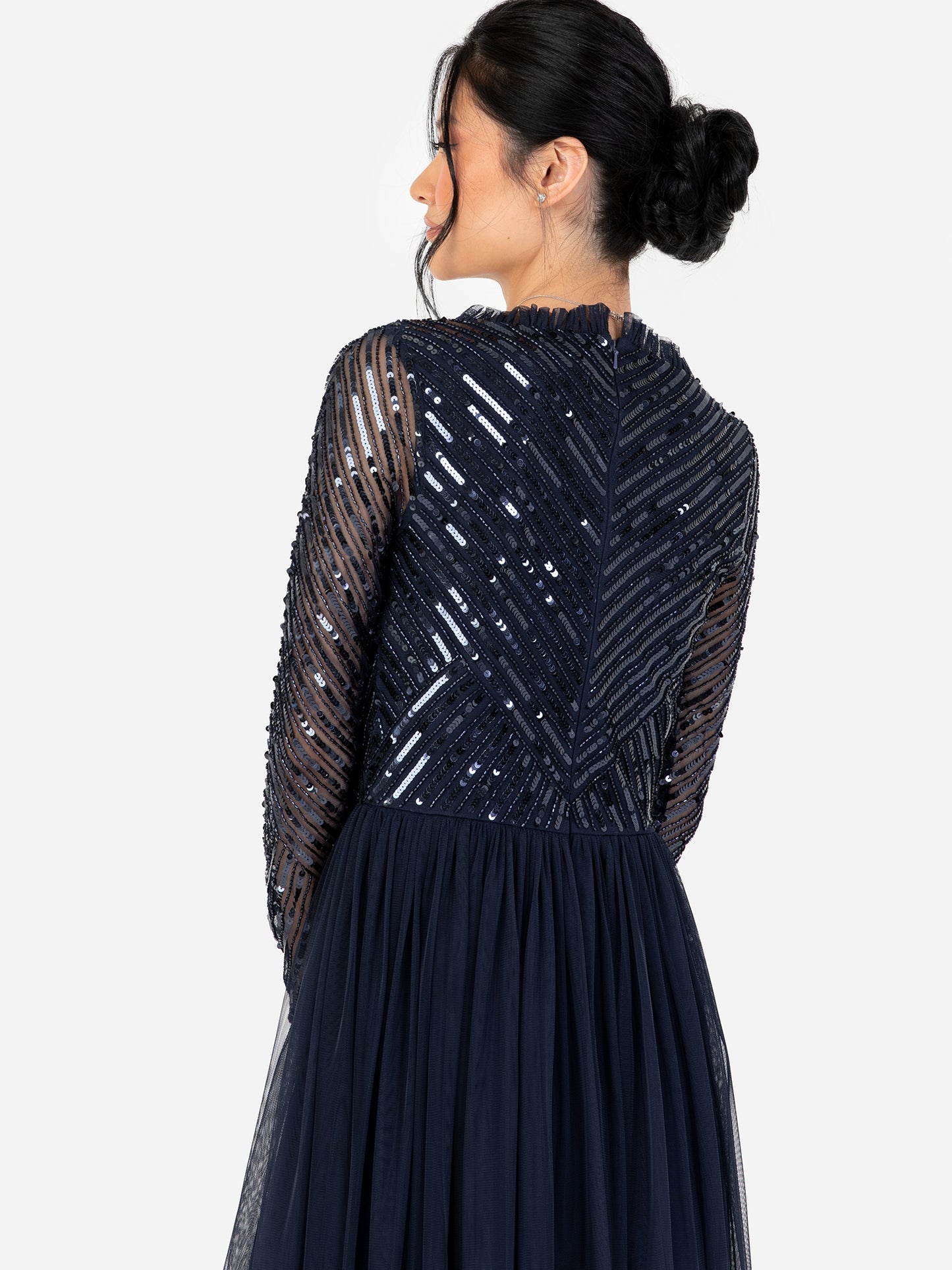 Maya Navy Stripe Embellished Faux Wrap Bodice Maxi Dress