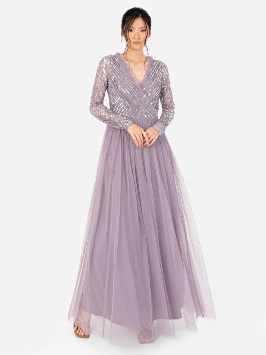 Maya Moody Lilac Stripe Embellished Faux Wrap Bodice Maxi Dress