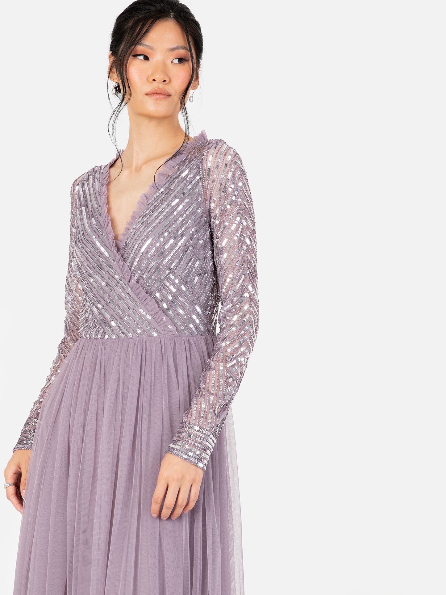 Maya Moody Lilac Stripe Embellished Faux Wrap Bodice Maxi Dress