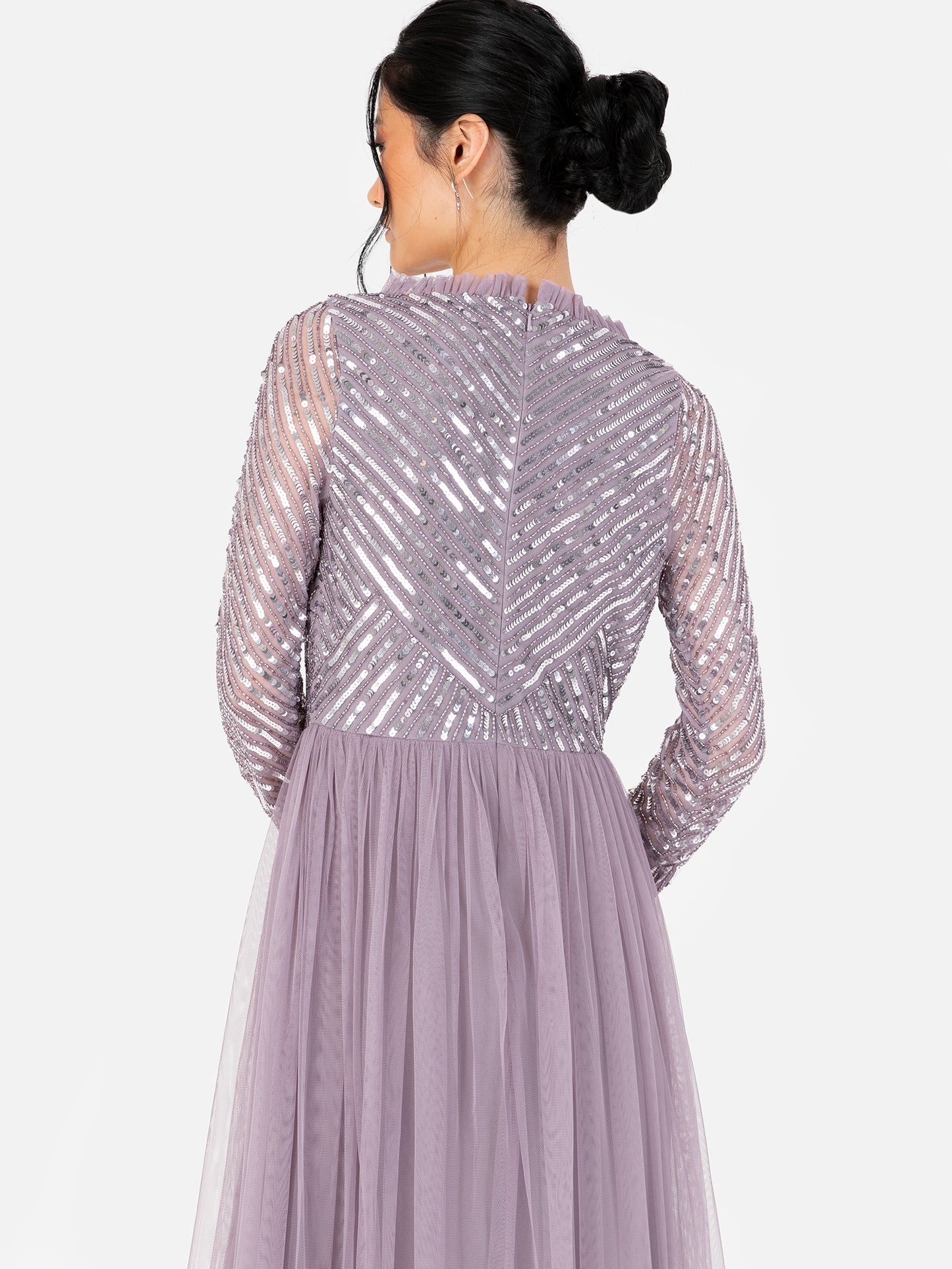 Maya Moody Lilac Stripe Embellished Faux Wrap Bodice Maxi Dress