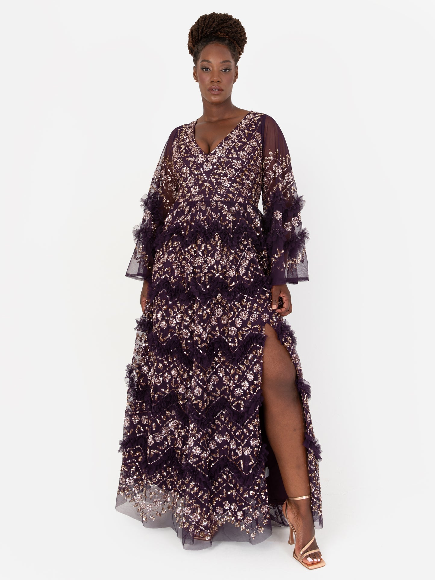 Maya Purple Fully Embellished Maxi Dress With Frill Detail