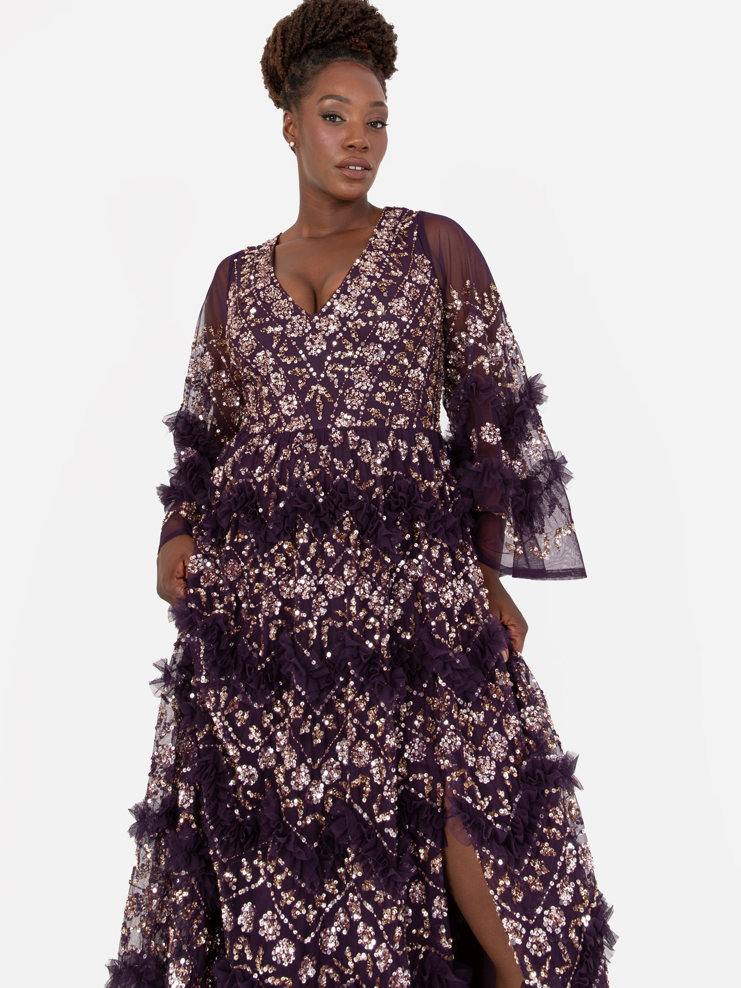 Maya Purple Fully Embellished Maxi Dress With Frill Detail