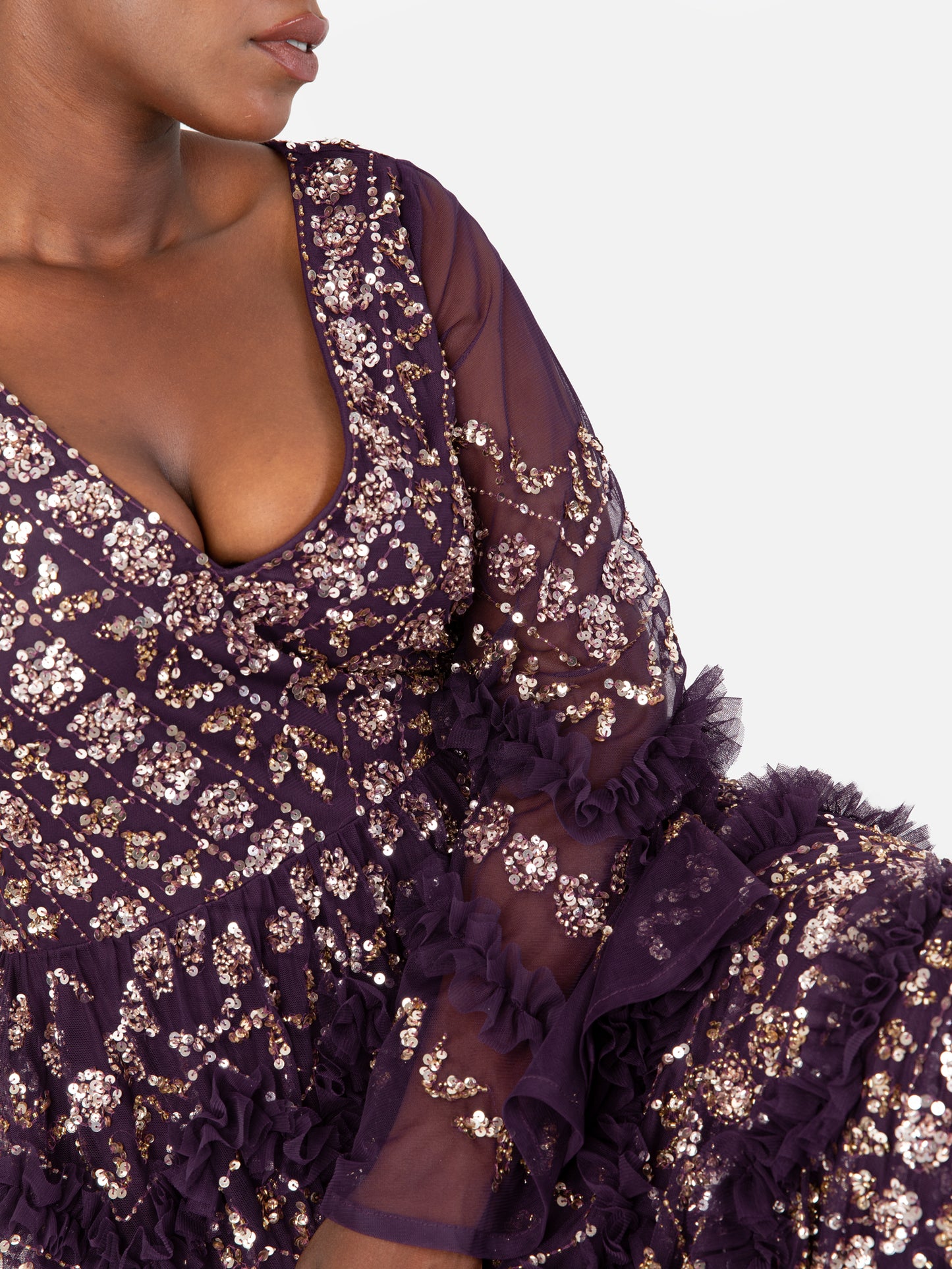 Maya Purple Fully Embellished Maxi Dress With Frill Detail