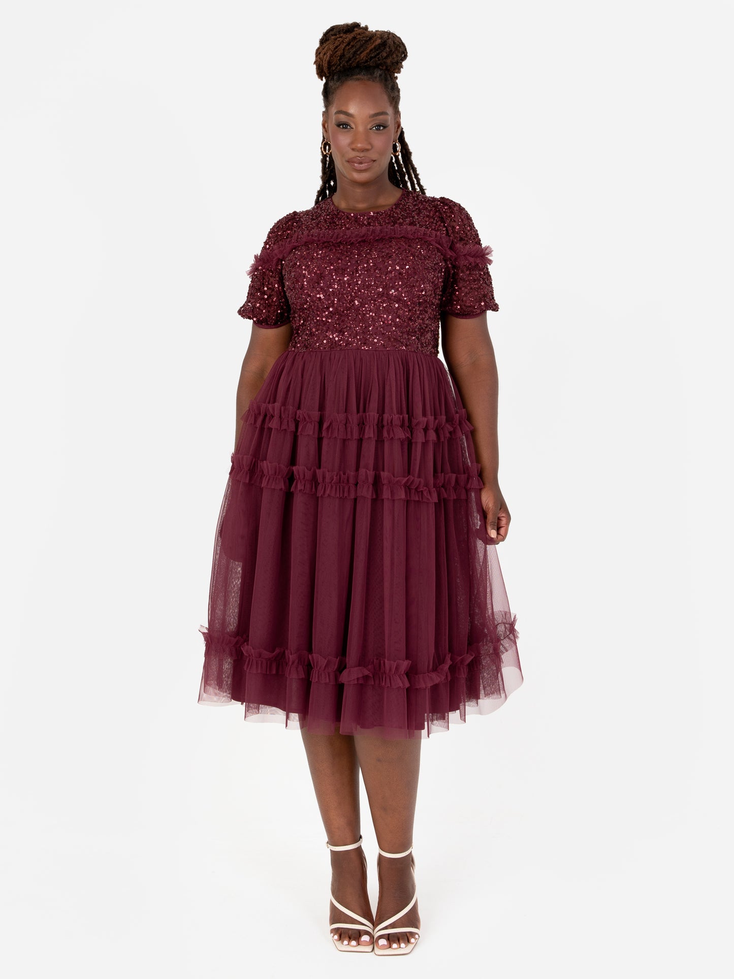 Maya Red Embellished Short Sleeve Midi Dress