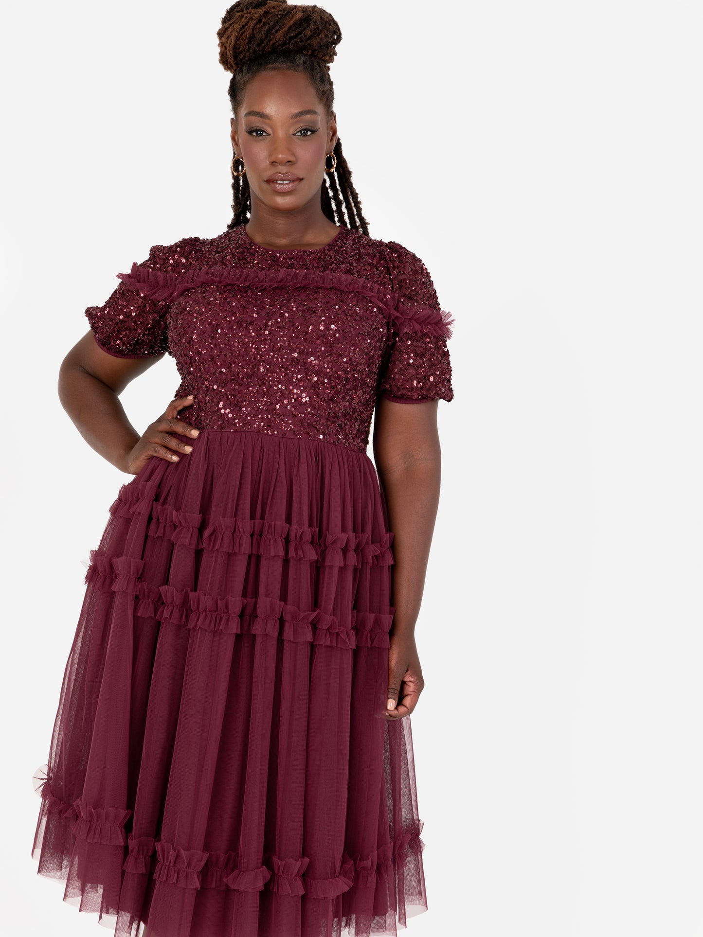 Maya Red Embellished Short Sleeve Midi Dress