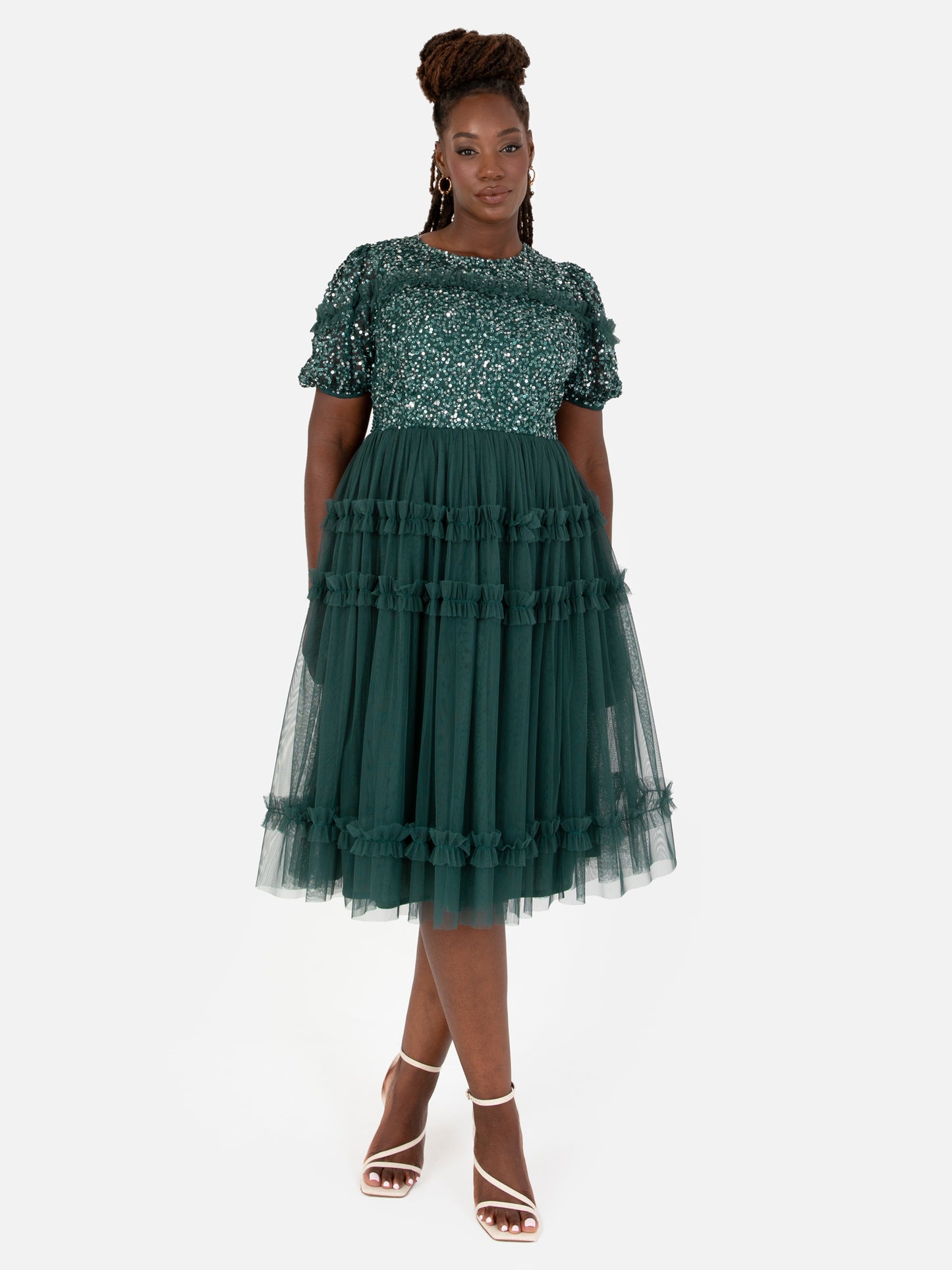 Maya Emerald Green Embellished Short Sleeve Midi Dress