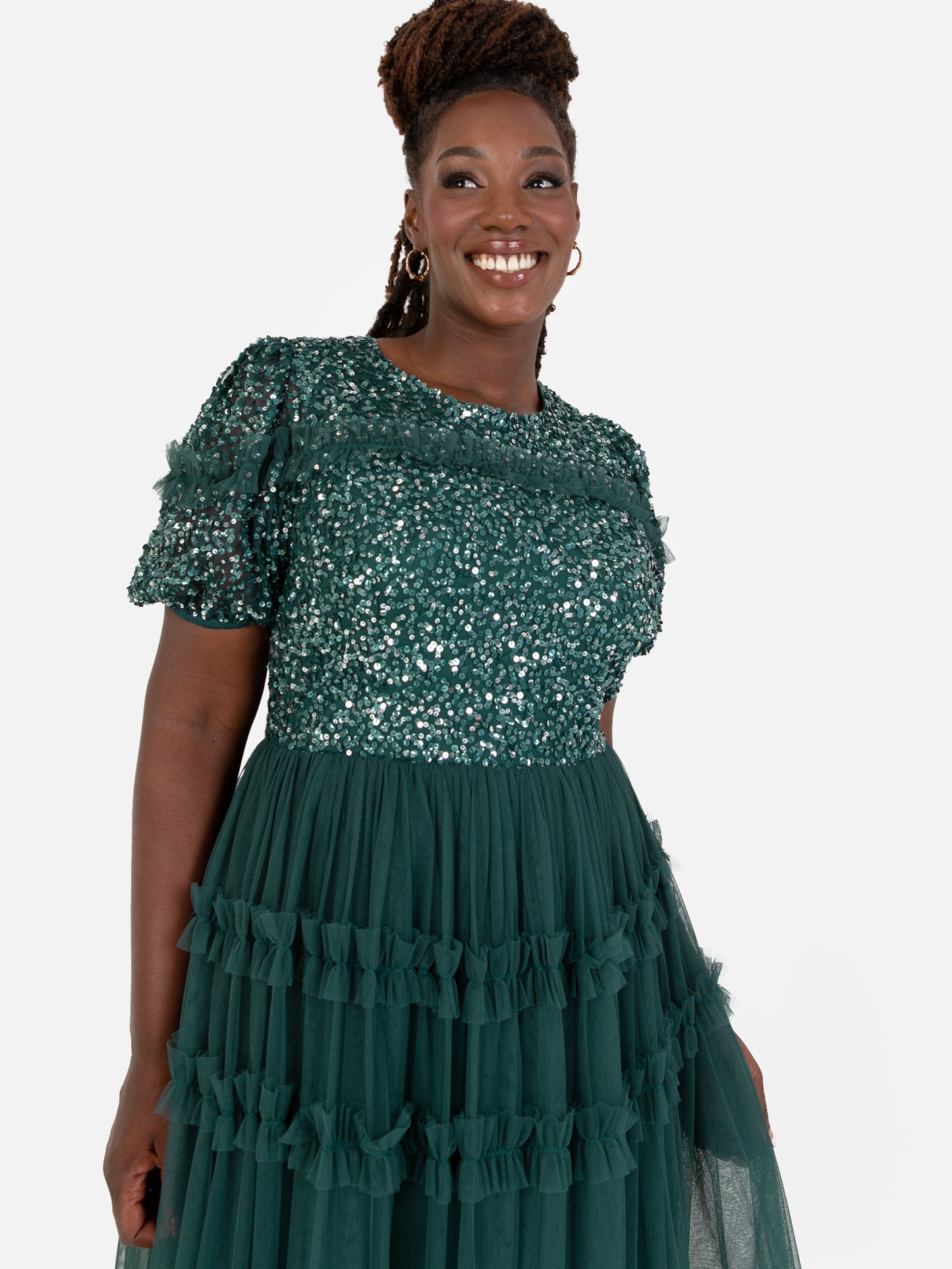 Maya Emerald Green Embellished Short Sleeve Midi Dress
