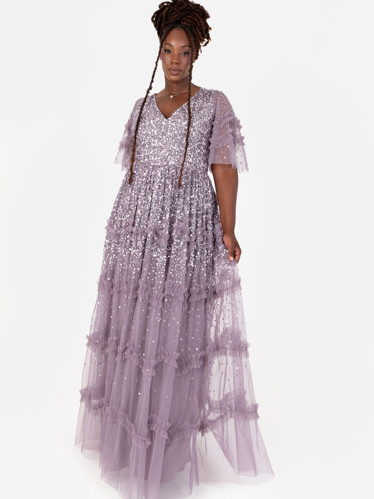 Maya Moody Lilac Fully Embellished Short Sleeve Maxi Dress