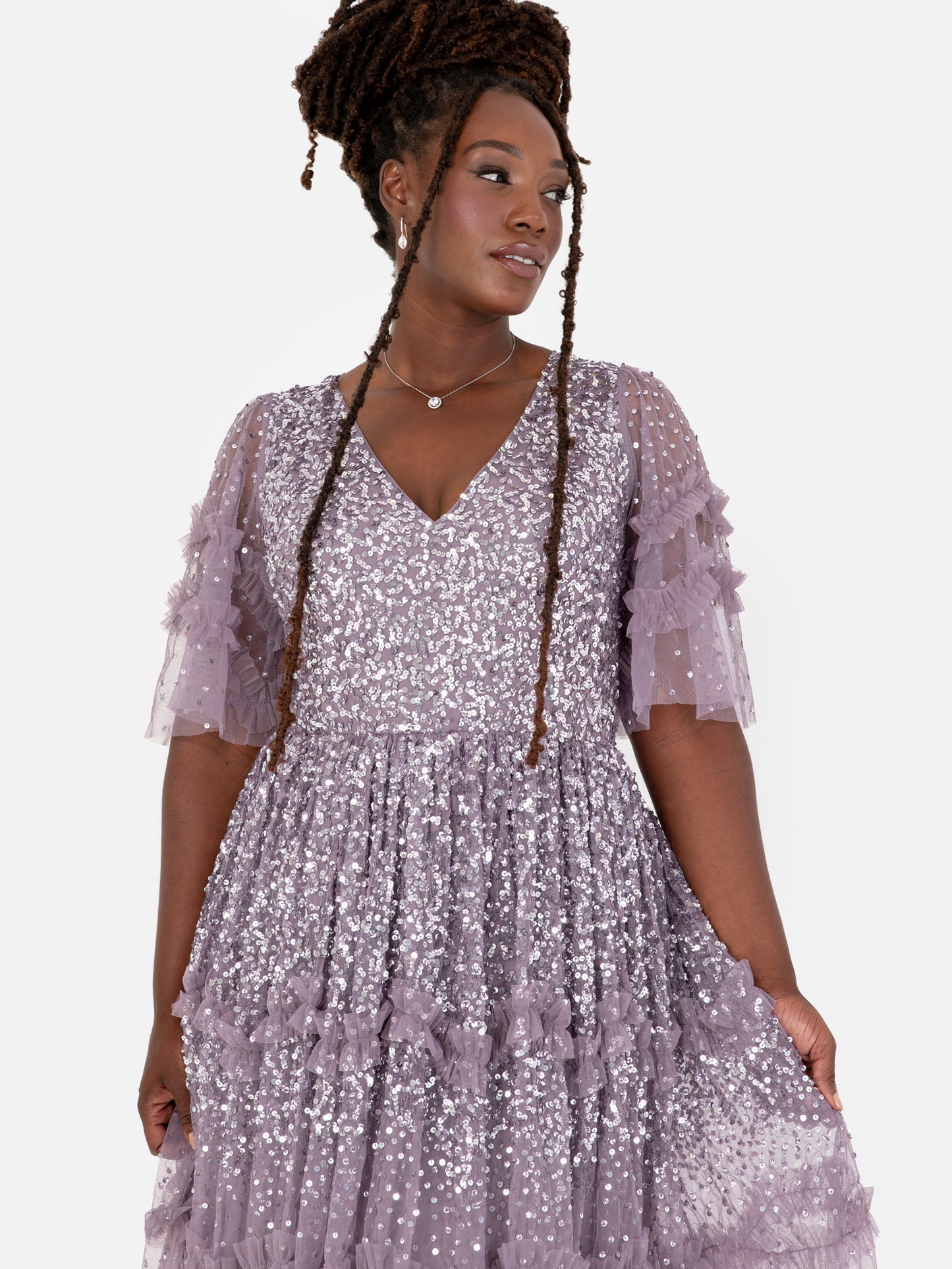 Maya Moody Lilac Fully Embellished Short Sleeve Maxi Dress