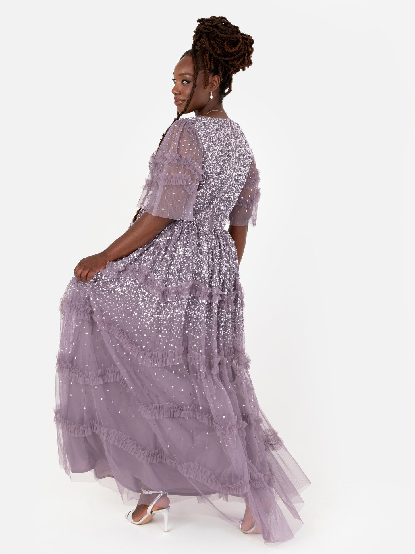 Maya Moody Lilac Fully Embellished Short Sleeve Maxi Dress