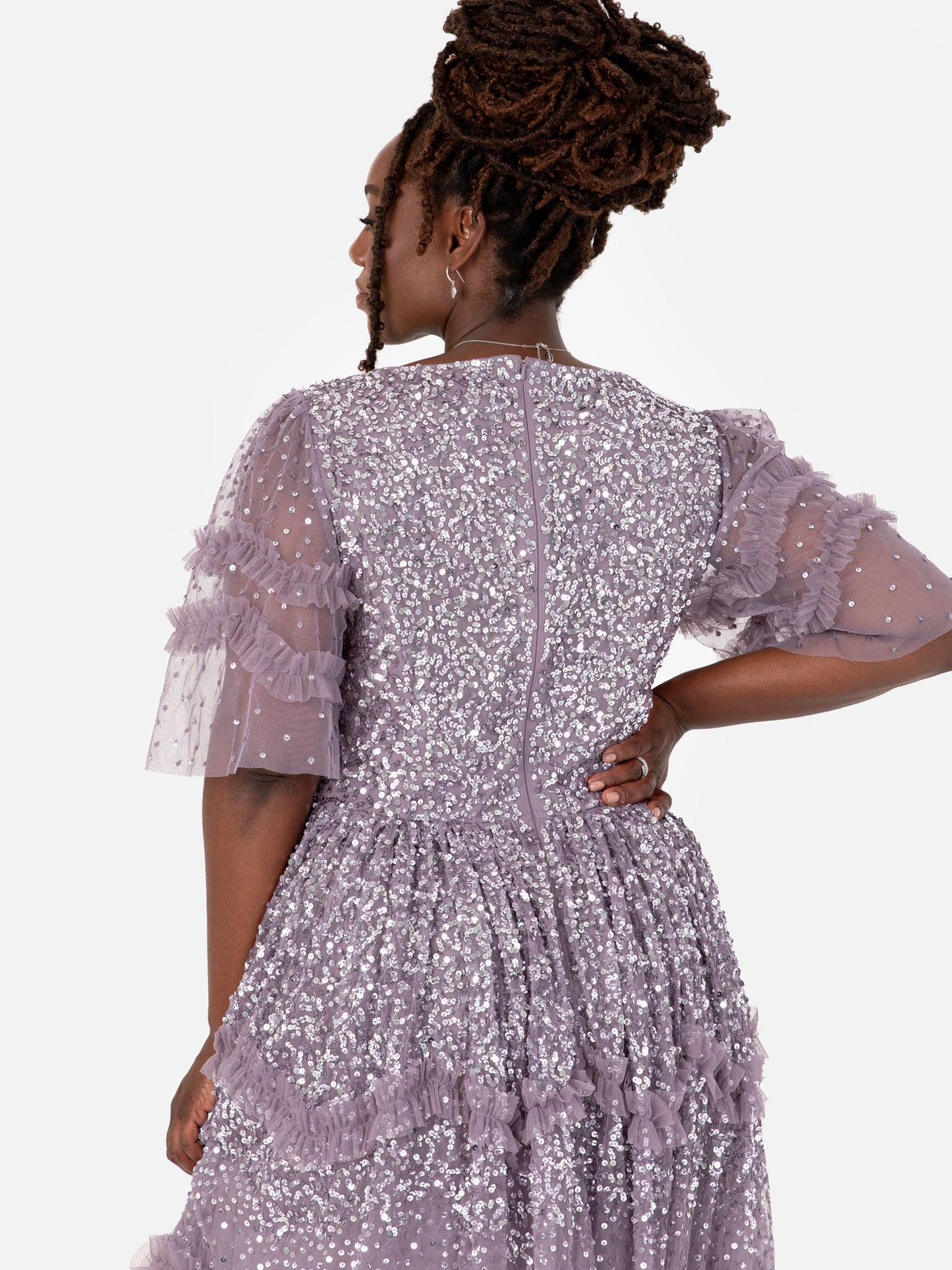 Maya Moody Lilac Fully Embellished Short Sleeve Maxi Dress