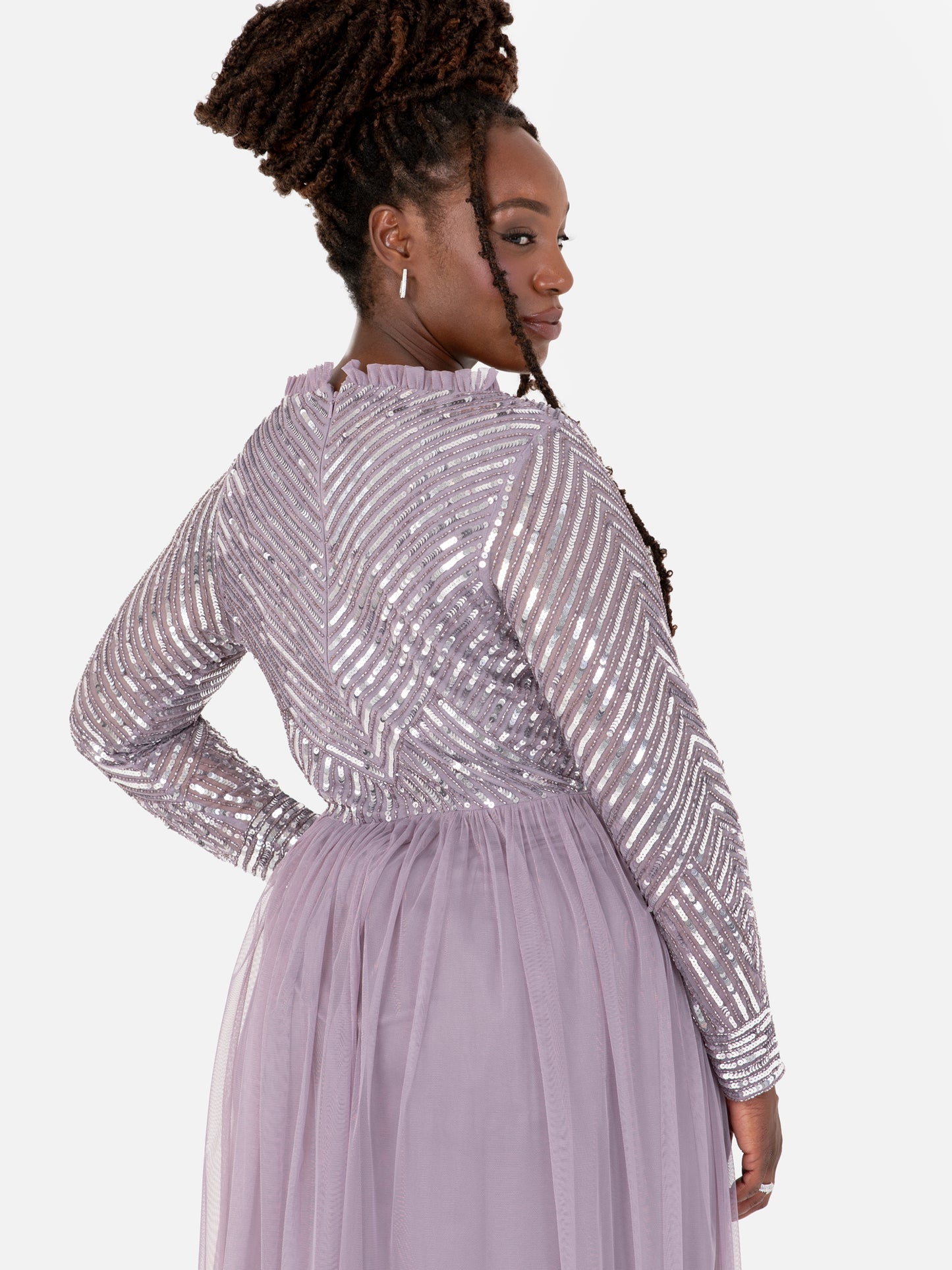 Maya Moody Lilac Stripe Embellished Faux Wrap Bodice Maxi Dress