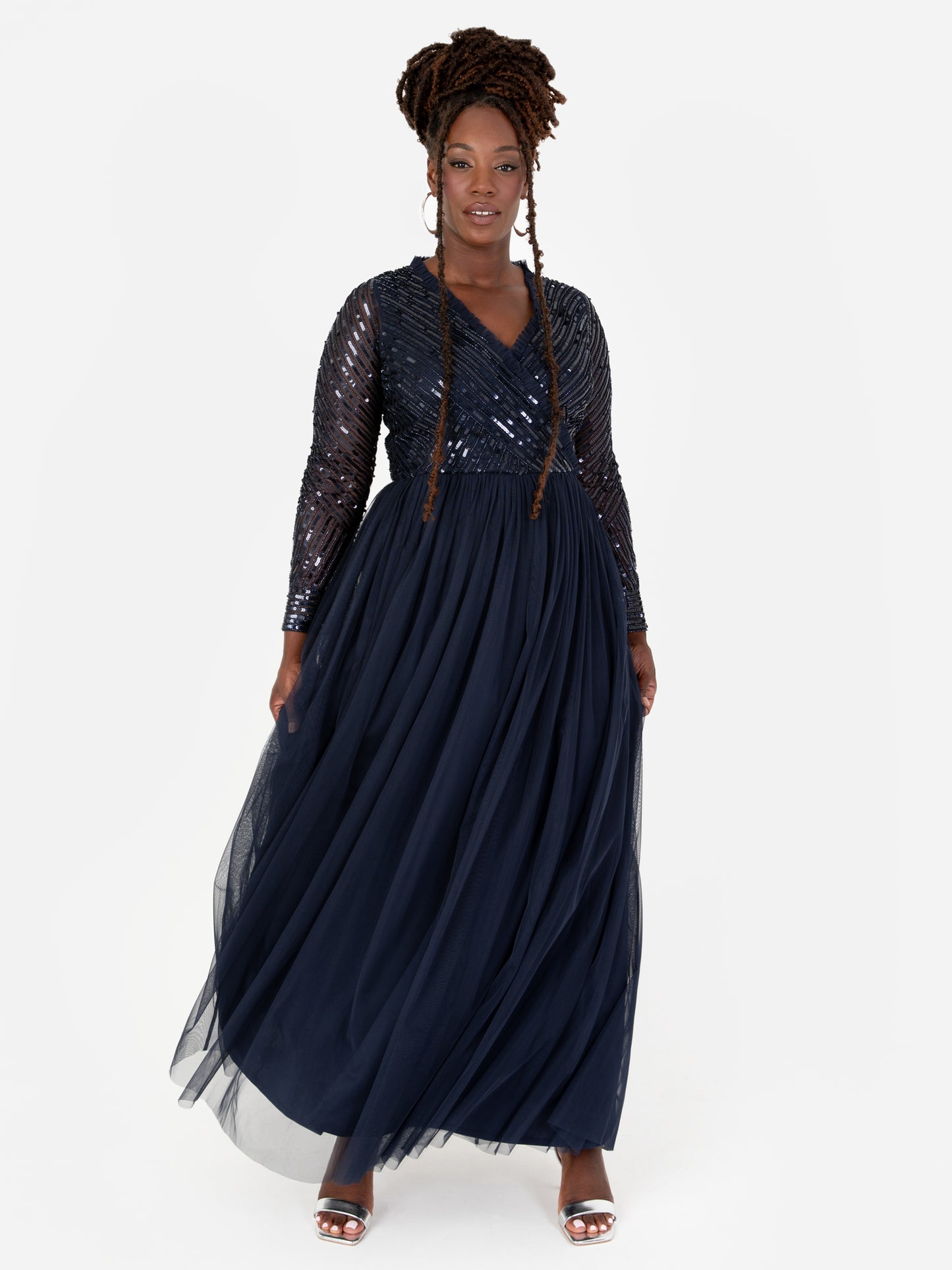 Maya Navy Stripe Embellished Faux Wrap Bodice Maxi Dress