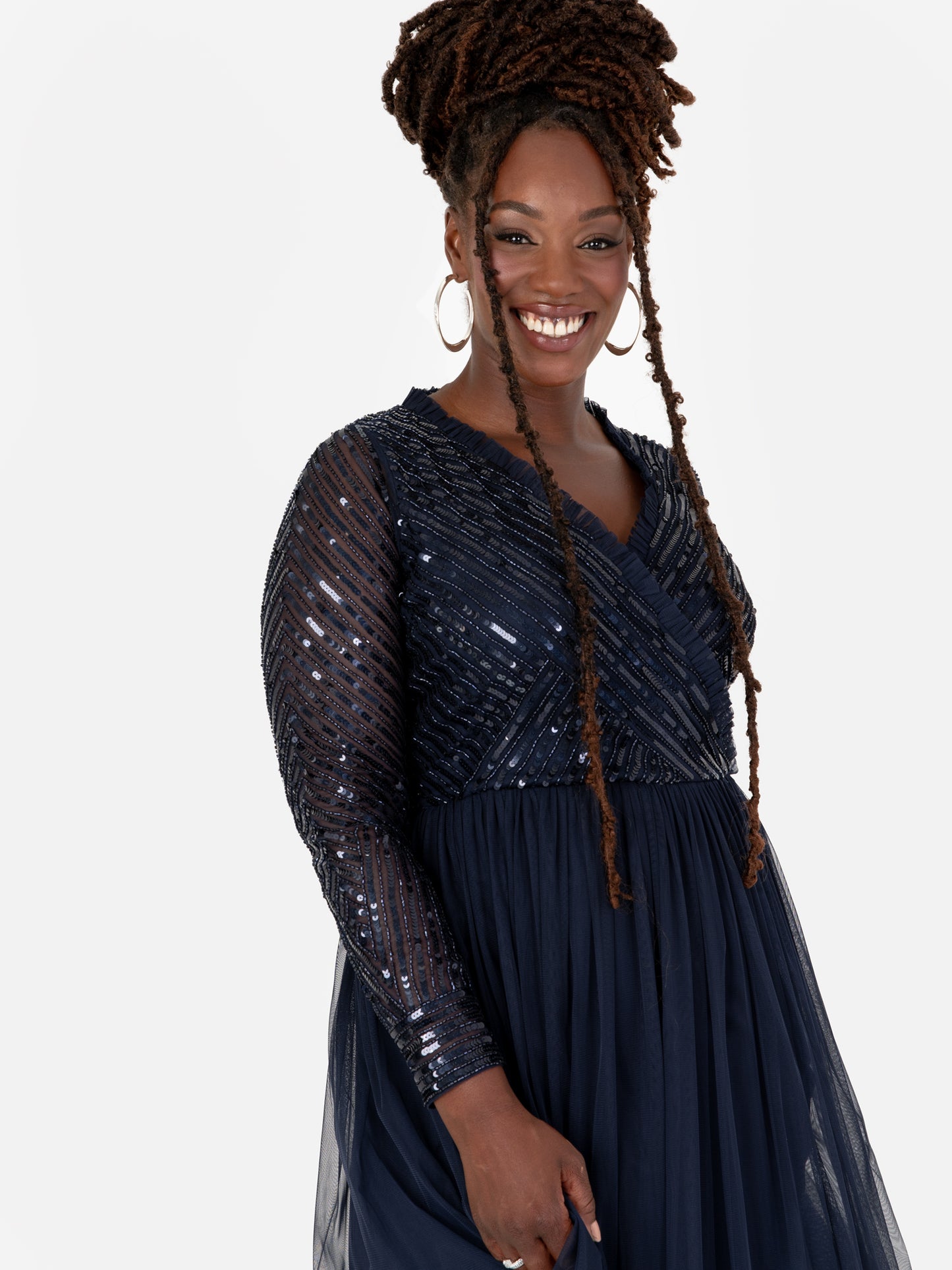 Maya Navy Stripe Embellished Faux Wrap Bodice Maxi Dress