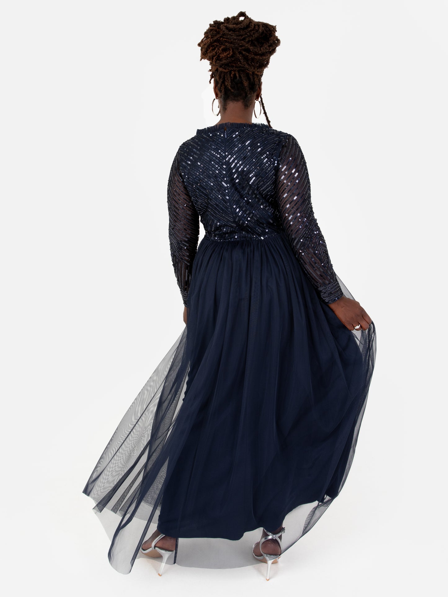 Maya Navy Stripe Embellished Faux Wrap Bodice Maxi Dress