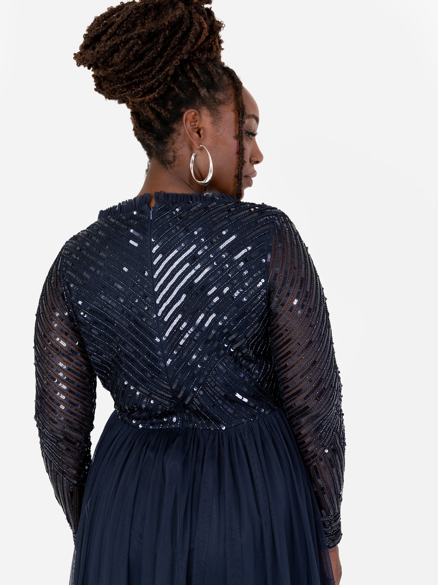 Maya Navy Stripe Embellished Faux Wrap Bodice Maxi Dress