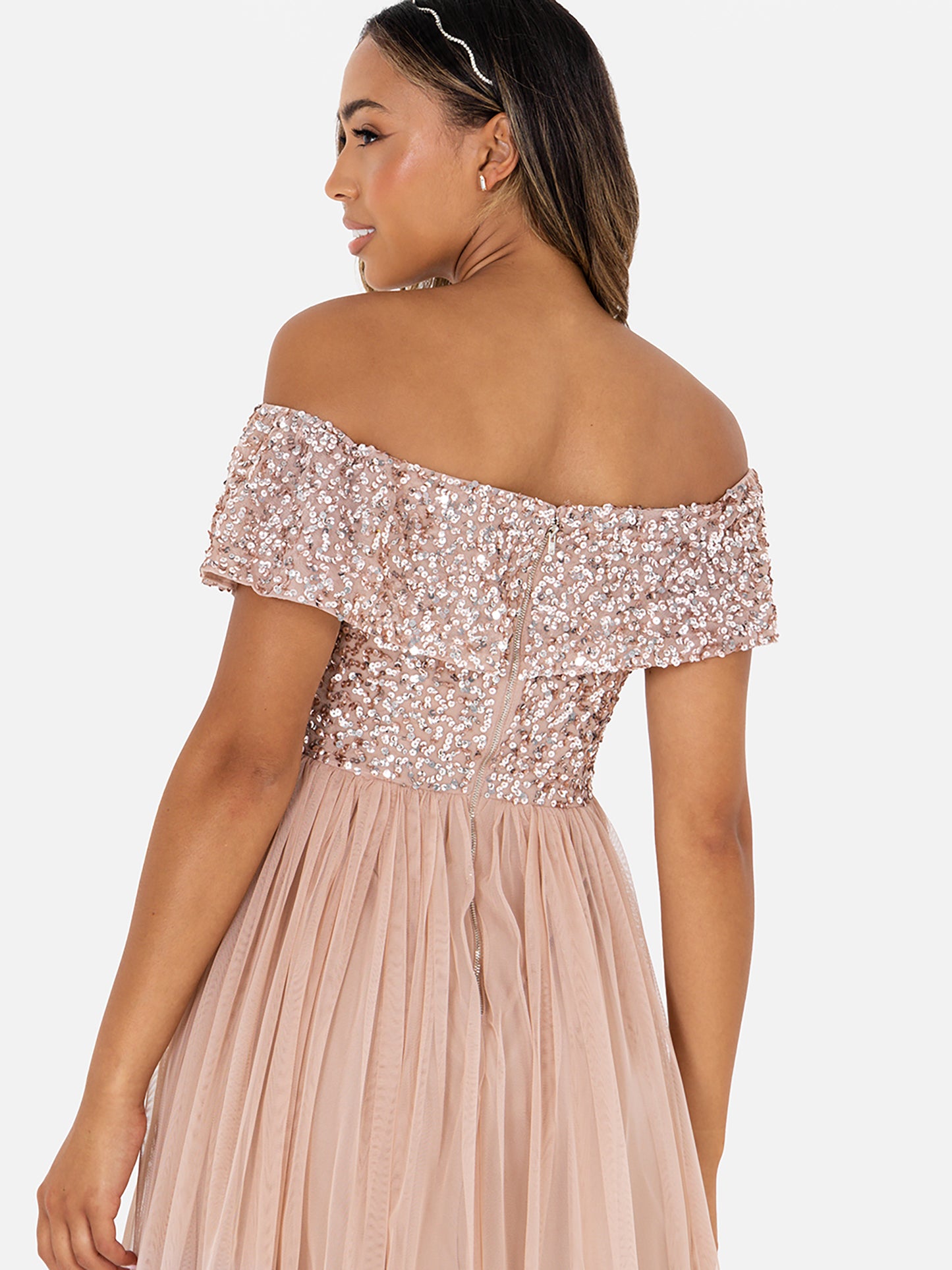 Maya Taupe Blush Bardot Embellished Maxi Dress