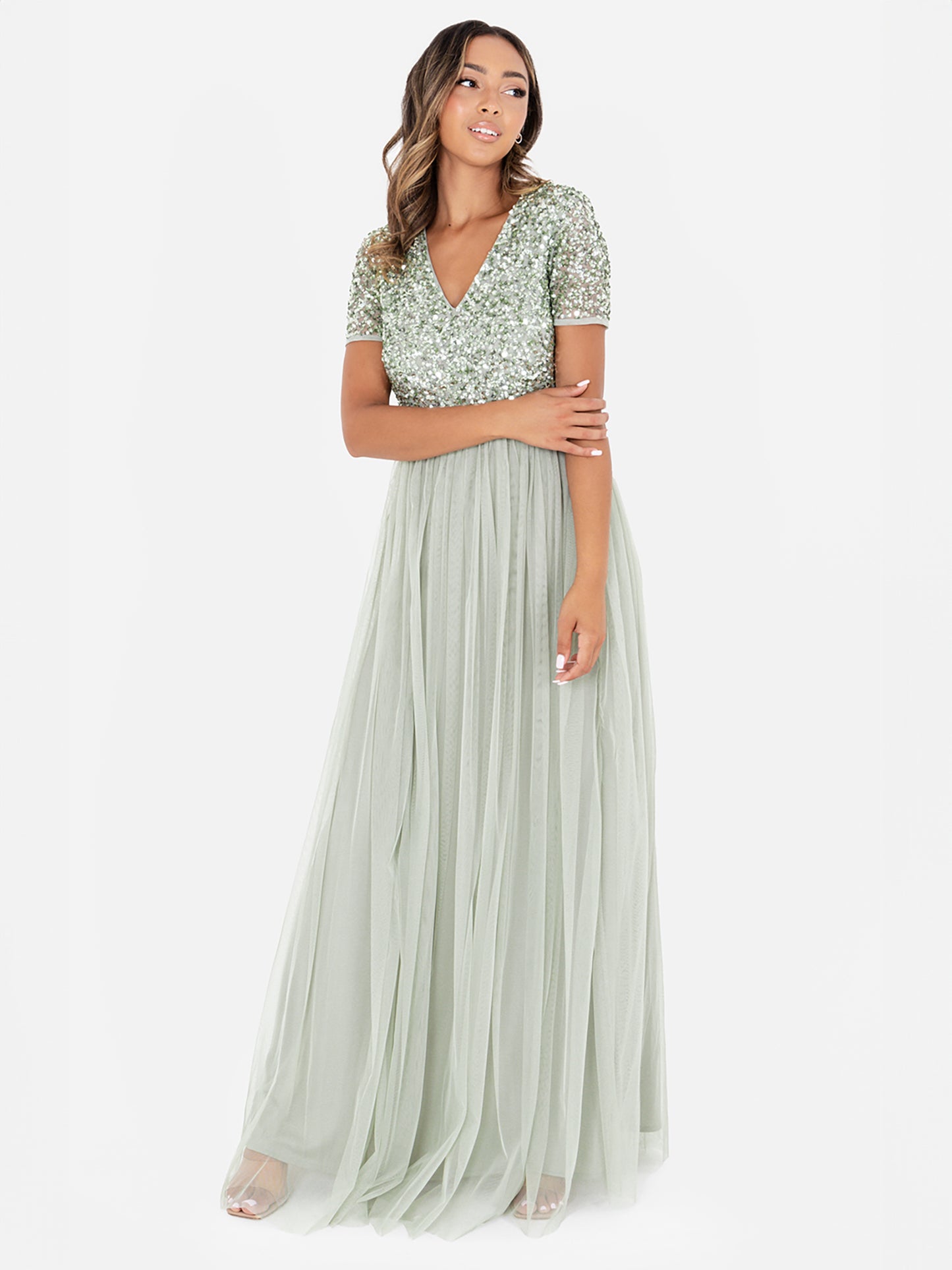 Maya Sage Green V Neckline Embellished Maxi Dress