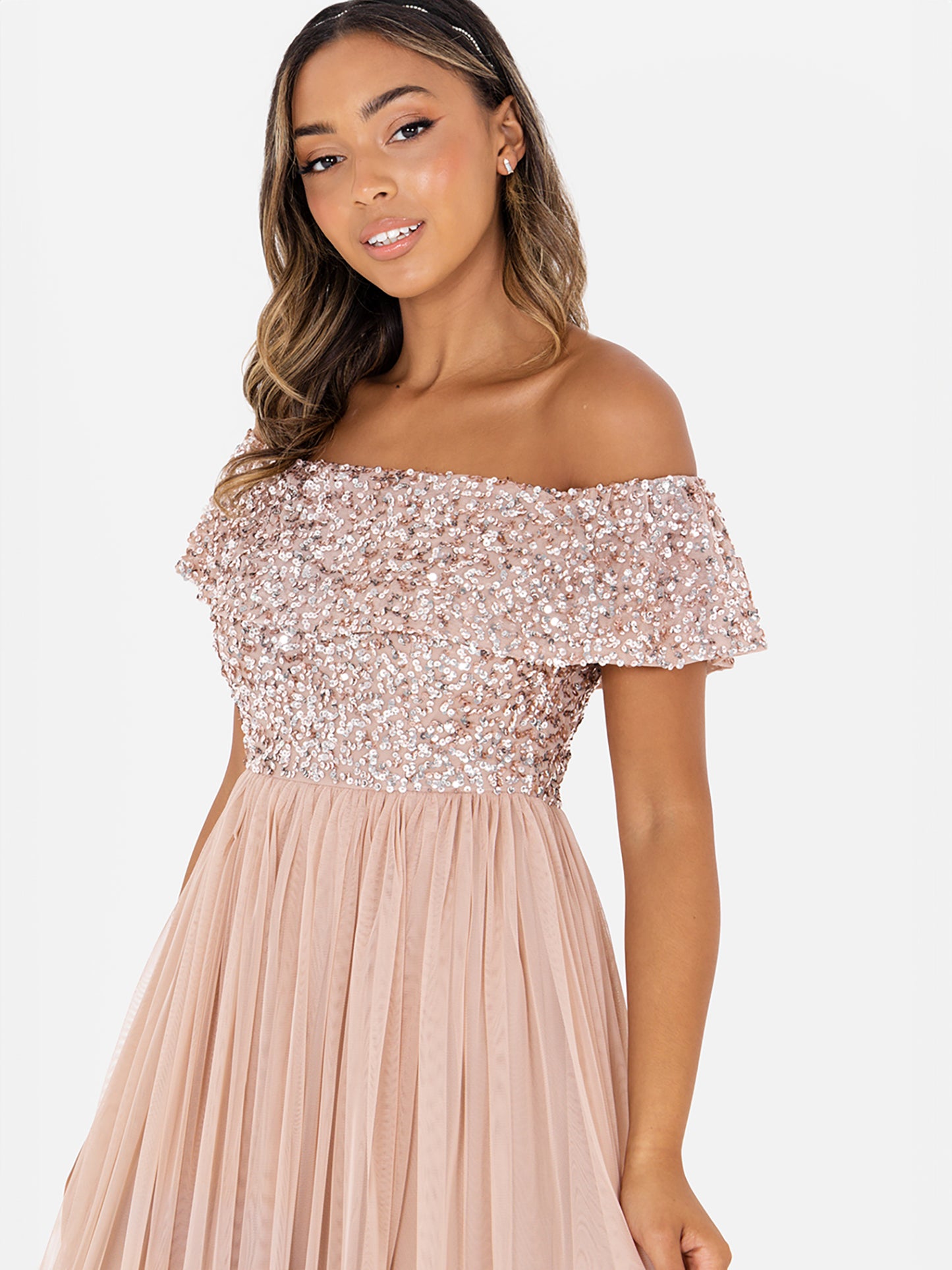 Maya Taupe Blush Bardot Embellished Maxi Dress