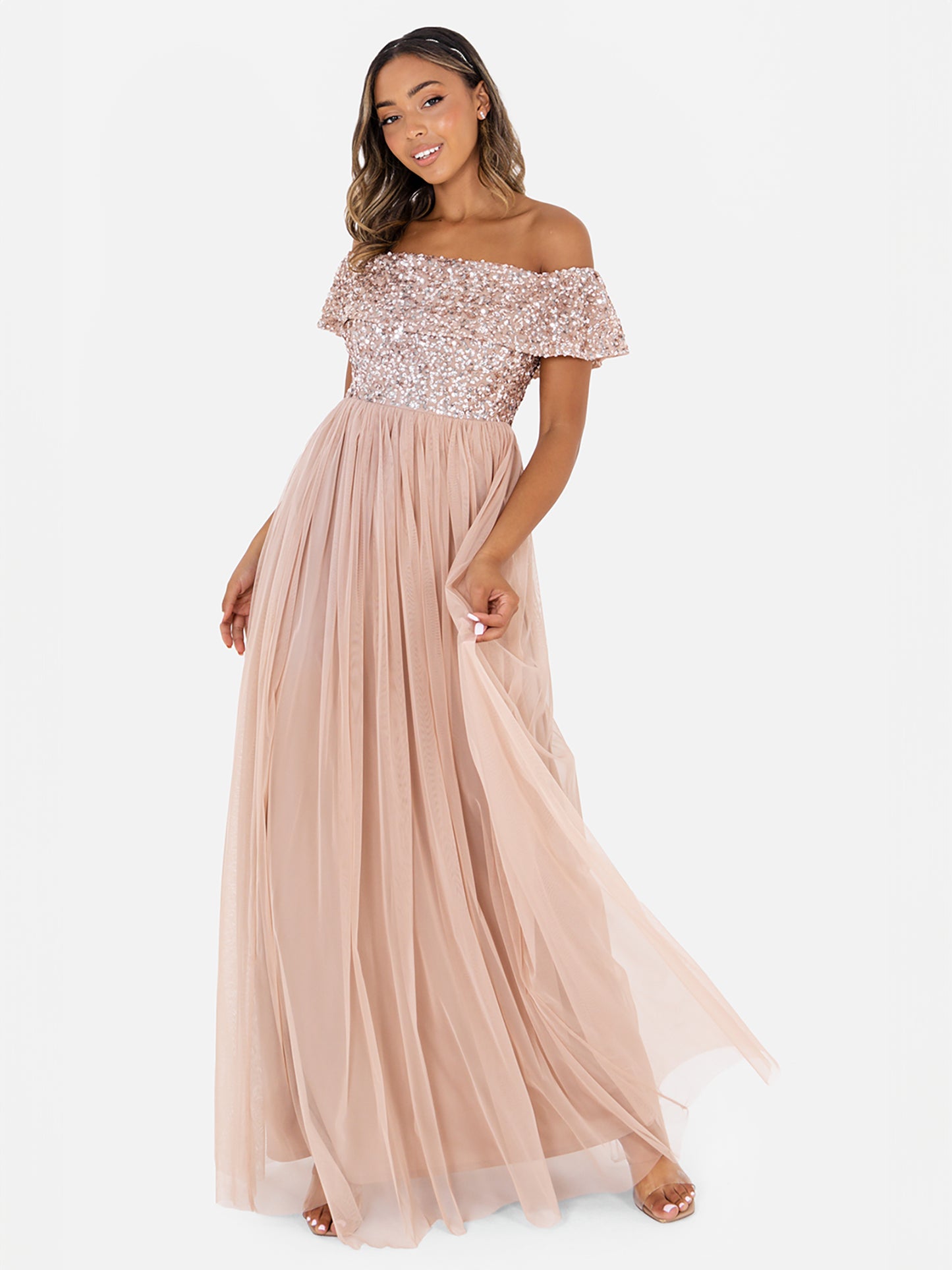 Maya Taupe Blush Bardot Embellished Maxi Dress