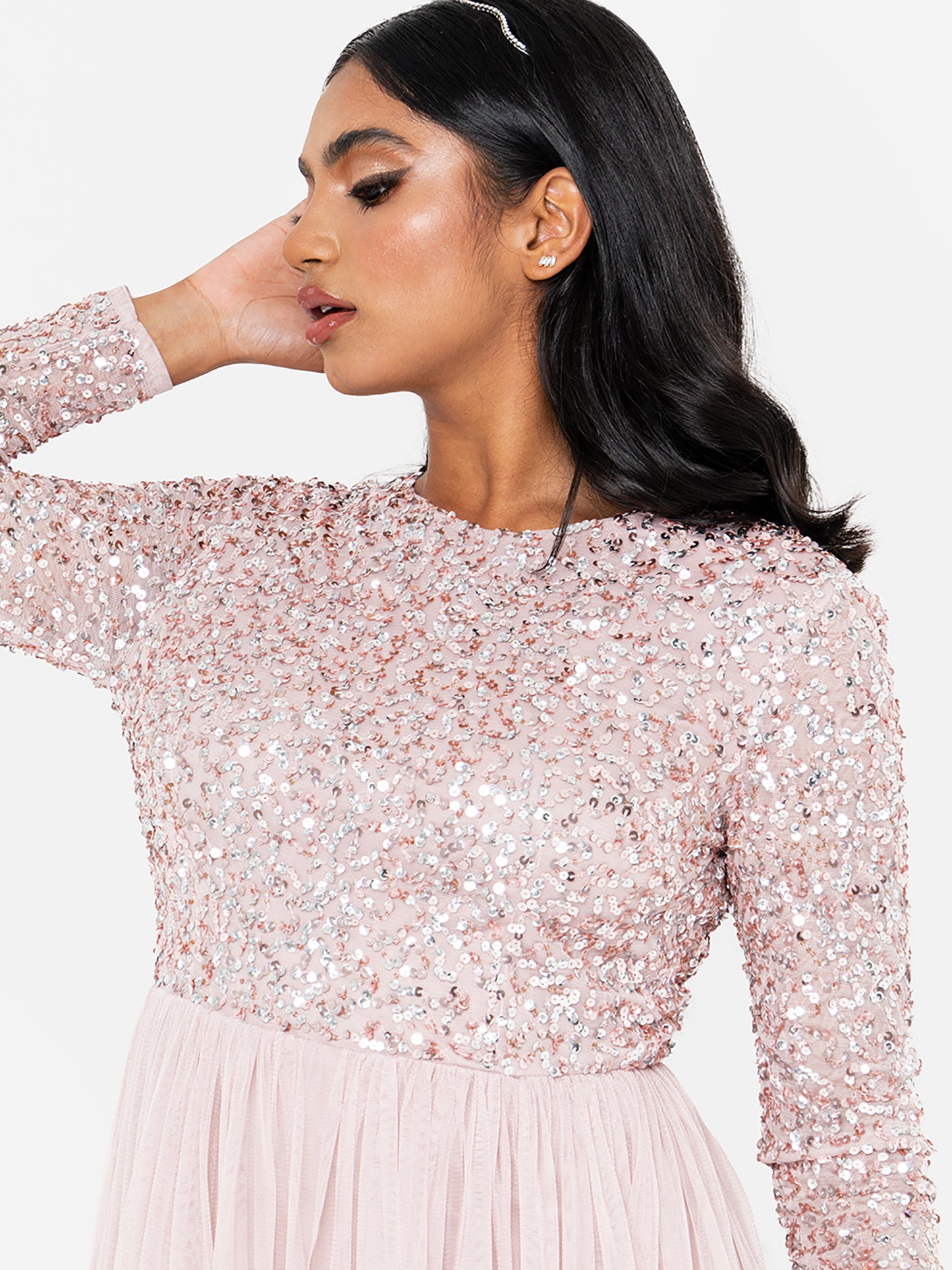 Maya Frosted Pink Embellished Long Sleeve Maxi Dress