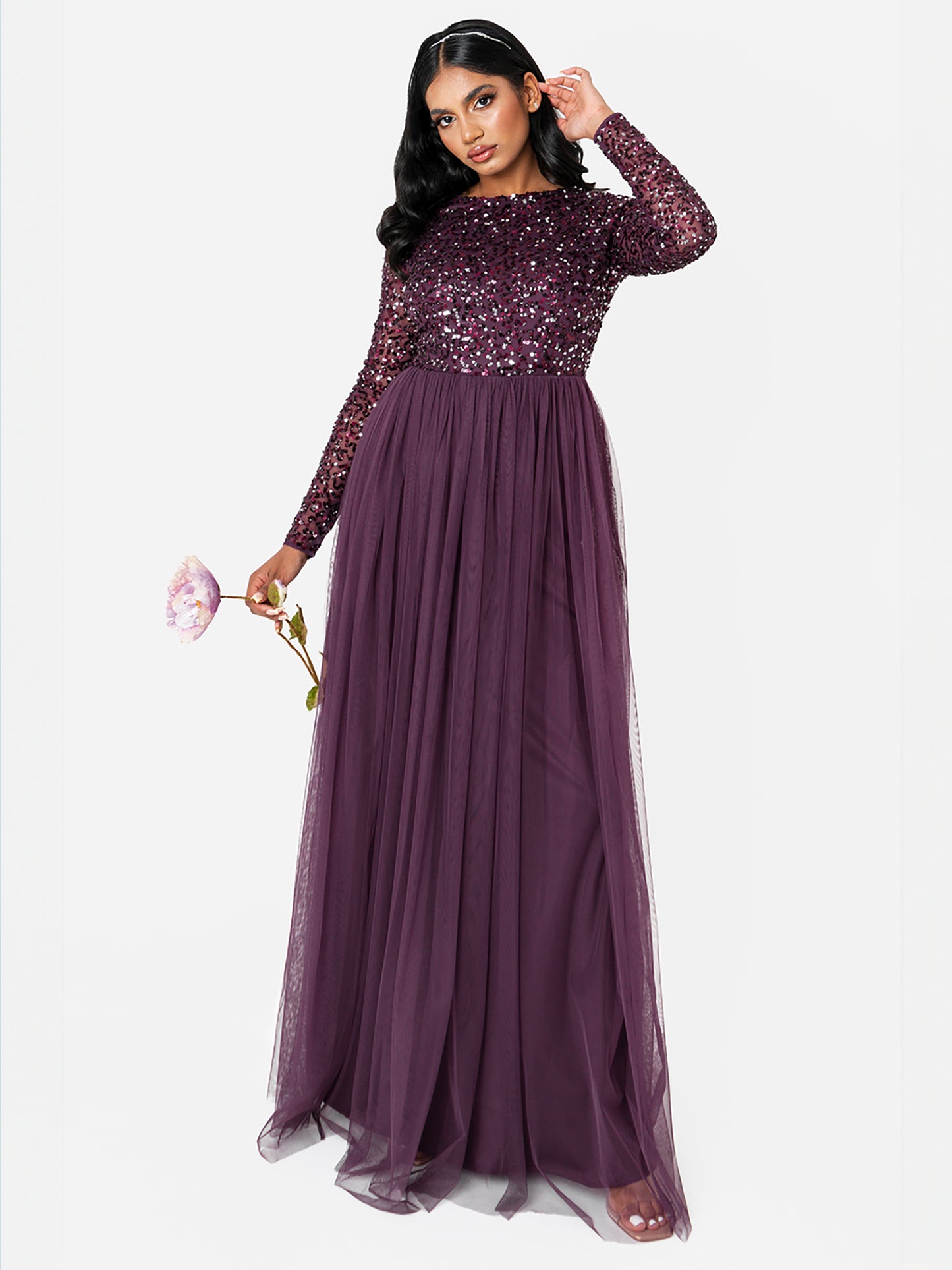 Maya Berry Embellished Long Sleeve Maxi Dress