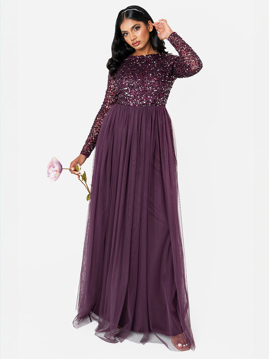 Maya Berry Embellished Long Sleeve Maxi Dress