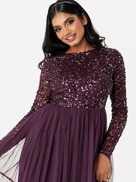 Maya Berry Embellished Long Sleeve Maxi Dress