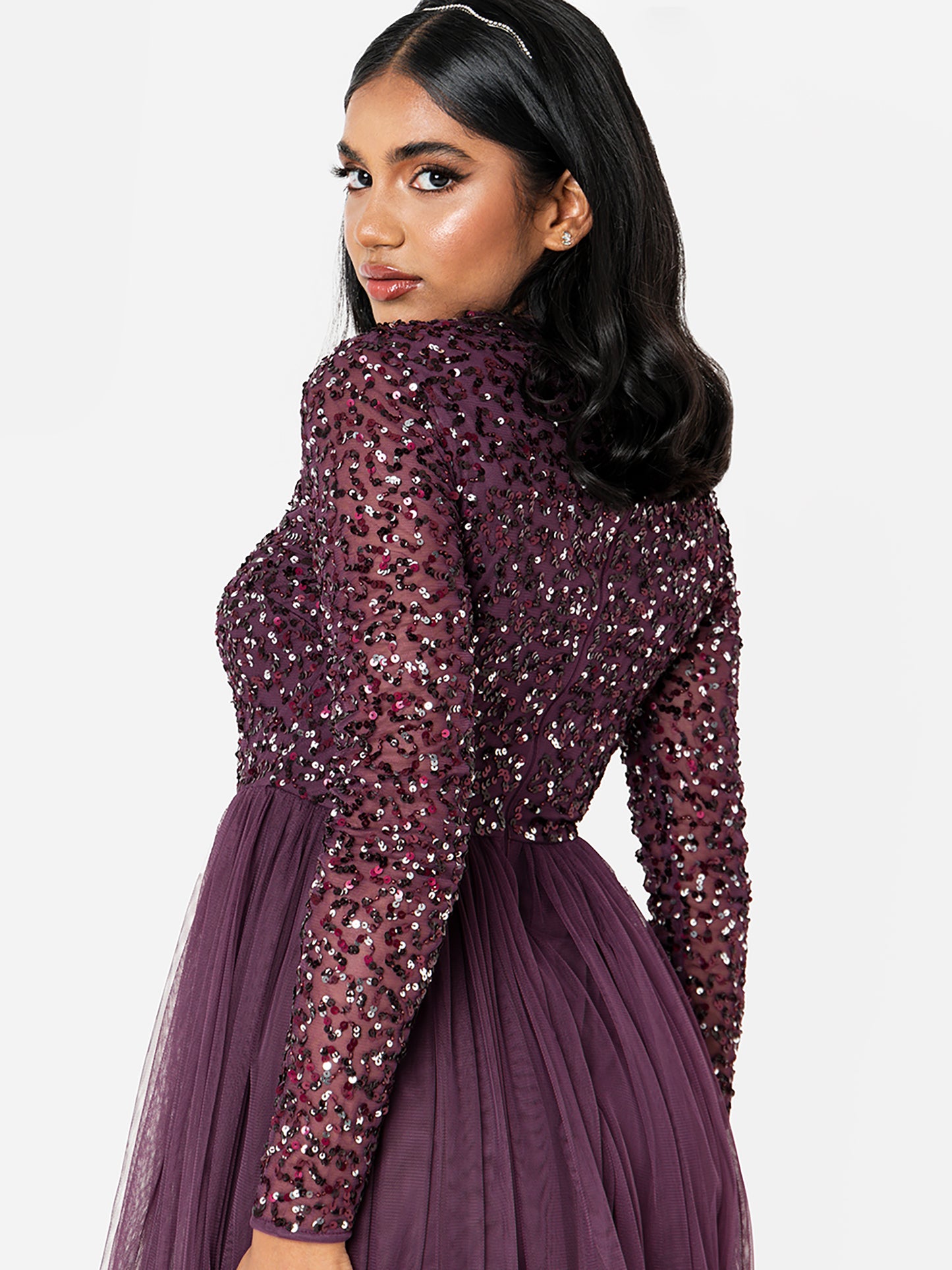 Maya Berry Embellished Long Sleeve Maxi Dress