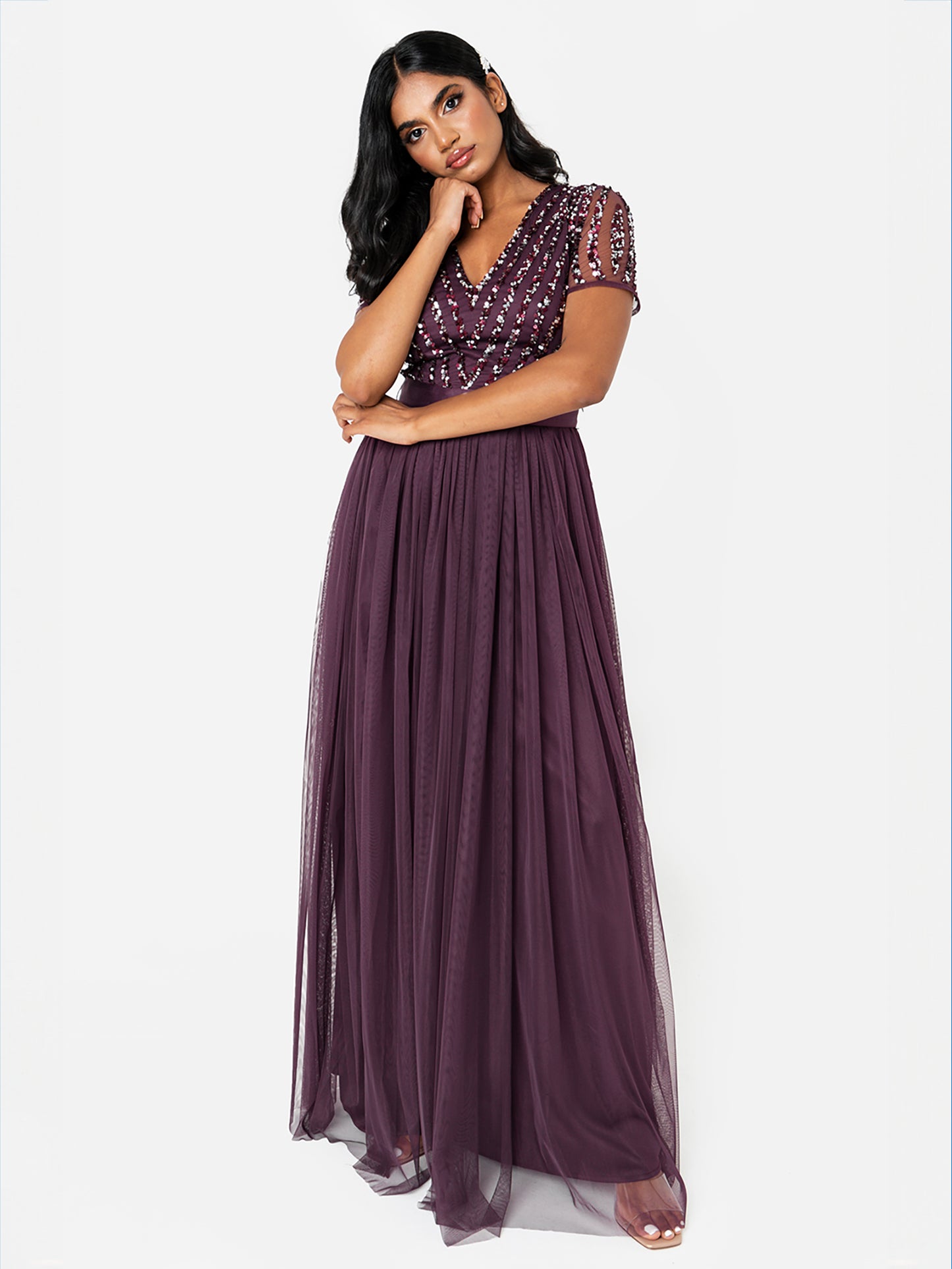 Maya Berry Stripe Embellished Maxi Dress With Sash Belt