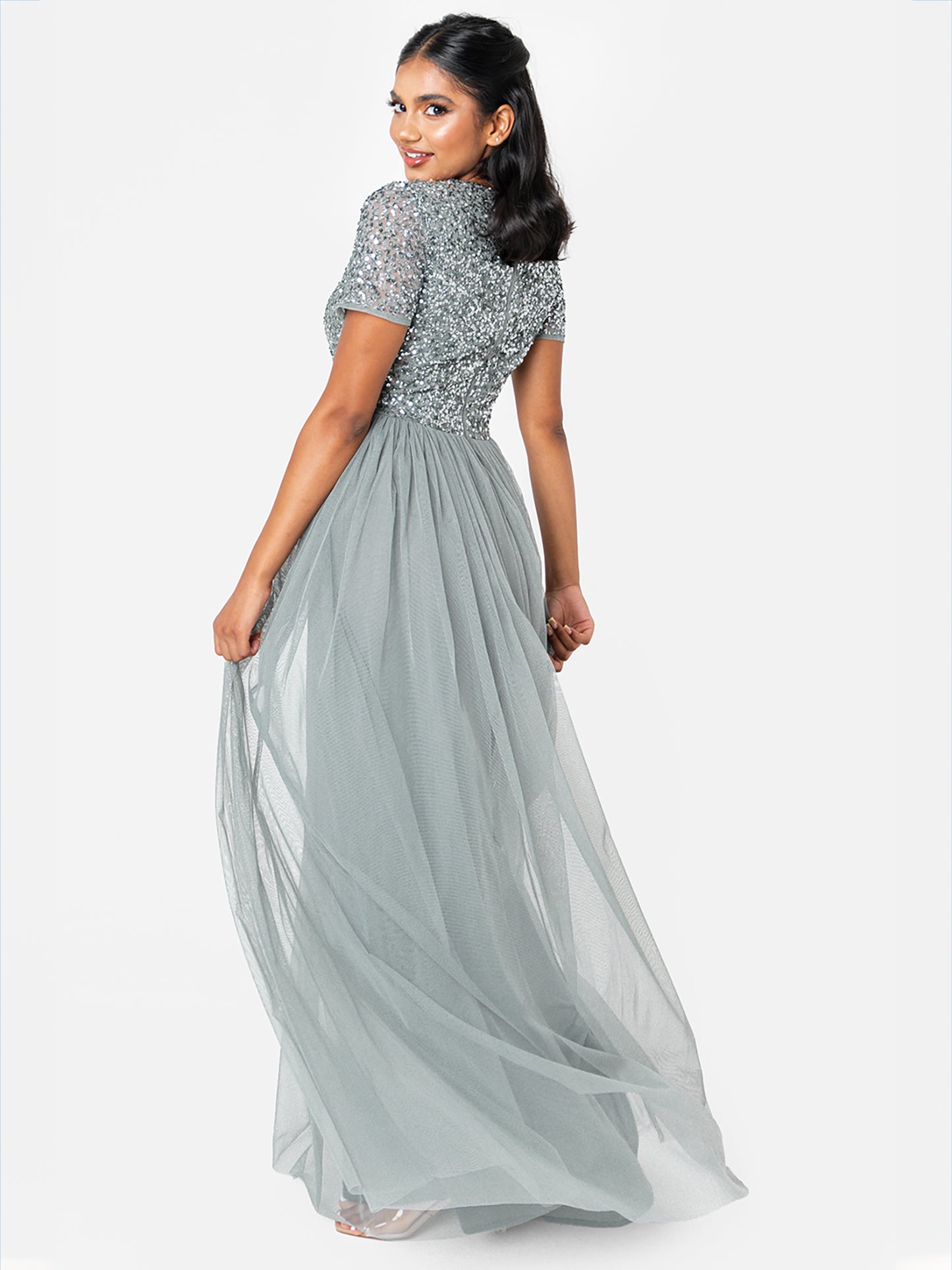Maya Misty Green V Neckline Embellished Maxi Dress