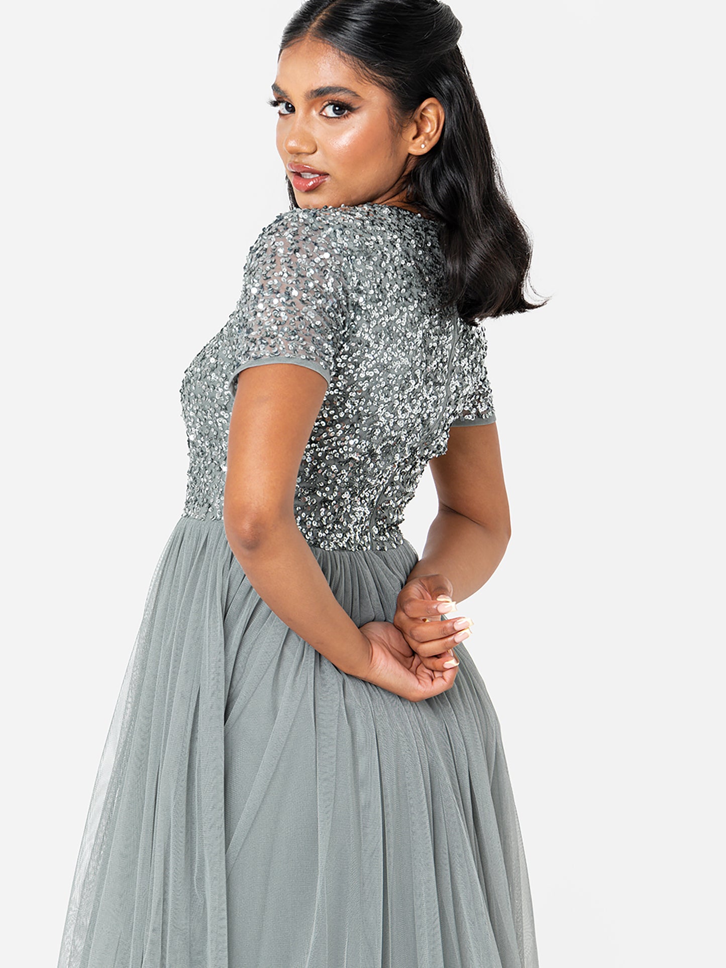 Maya Misty Green V Neckline Embellished Maxi Dress