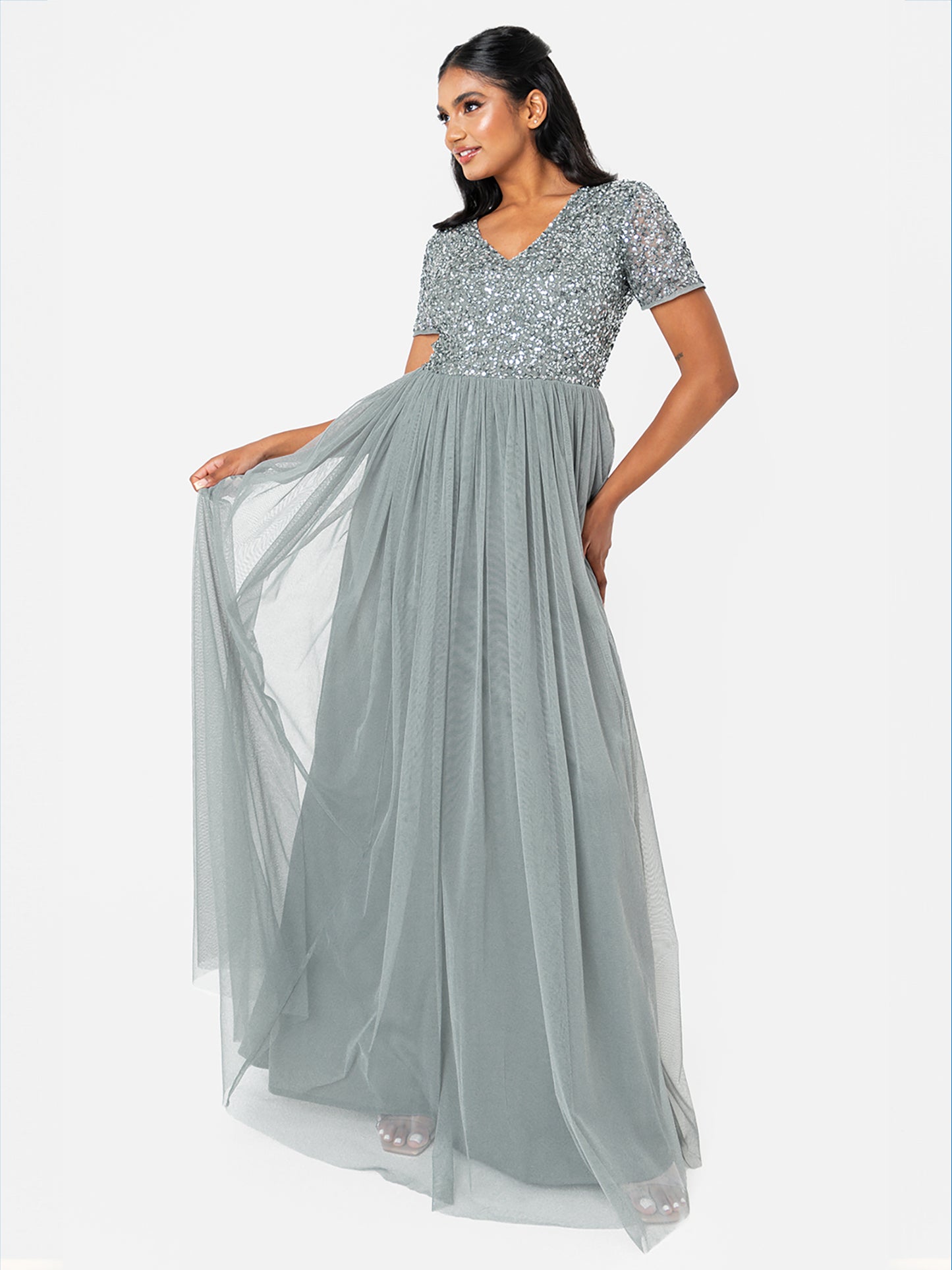 Maya Misty Green V Neckline Embellished Maxi Dress