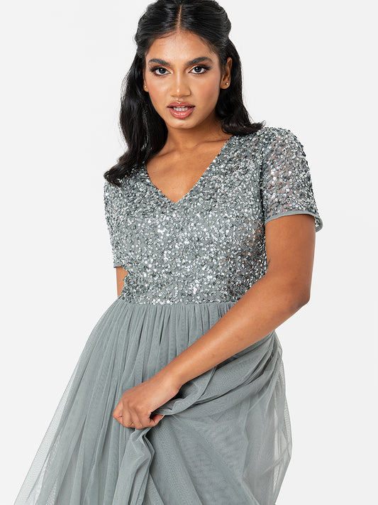 Maya Misty Green V Neckline Embellished Maxi Dress