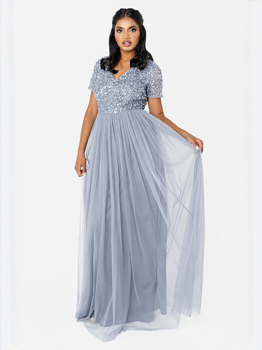 Maya Dusty Blue V Neckline Embellished Maxi Dress