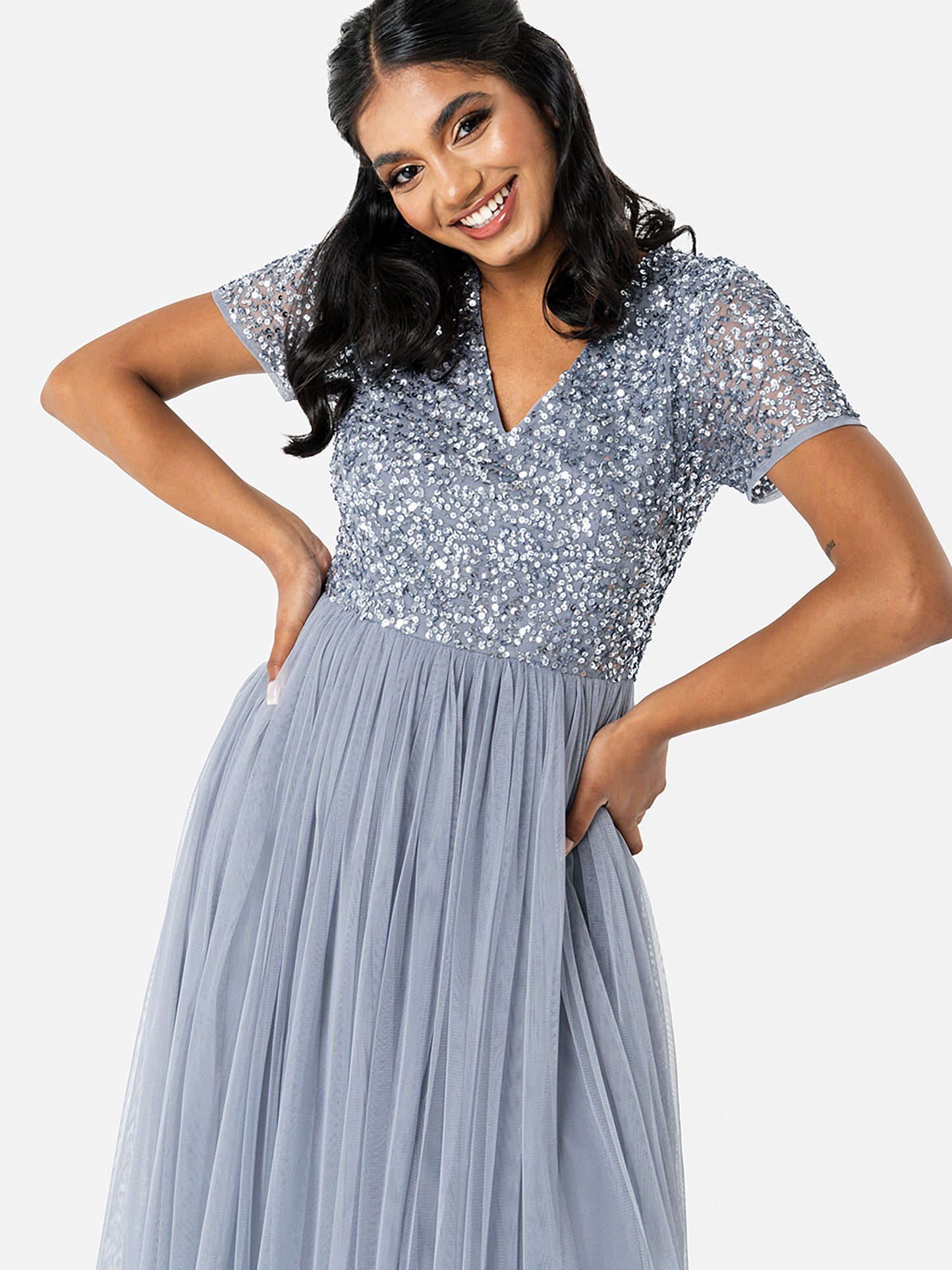 Maya Dusty Blue V Neckline Embellished Maxi Dress