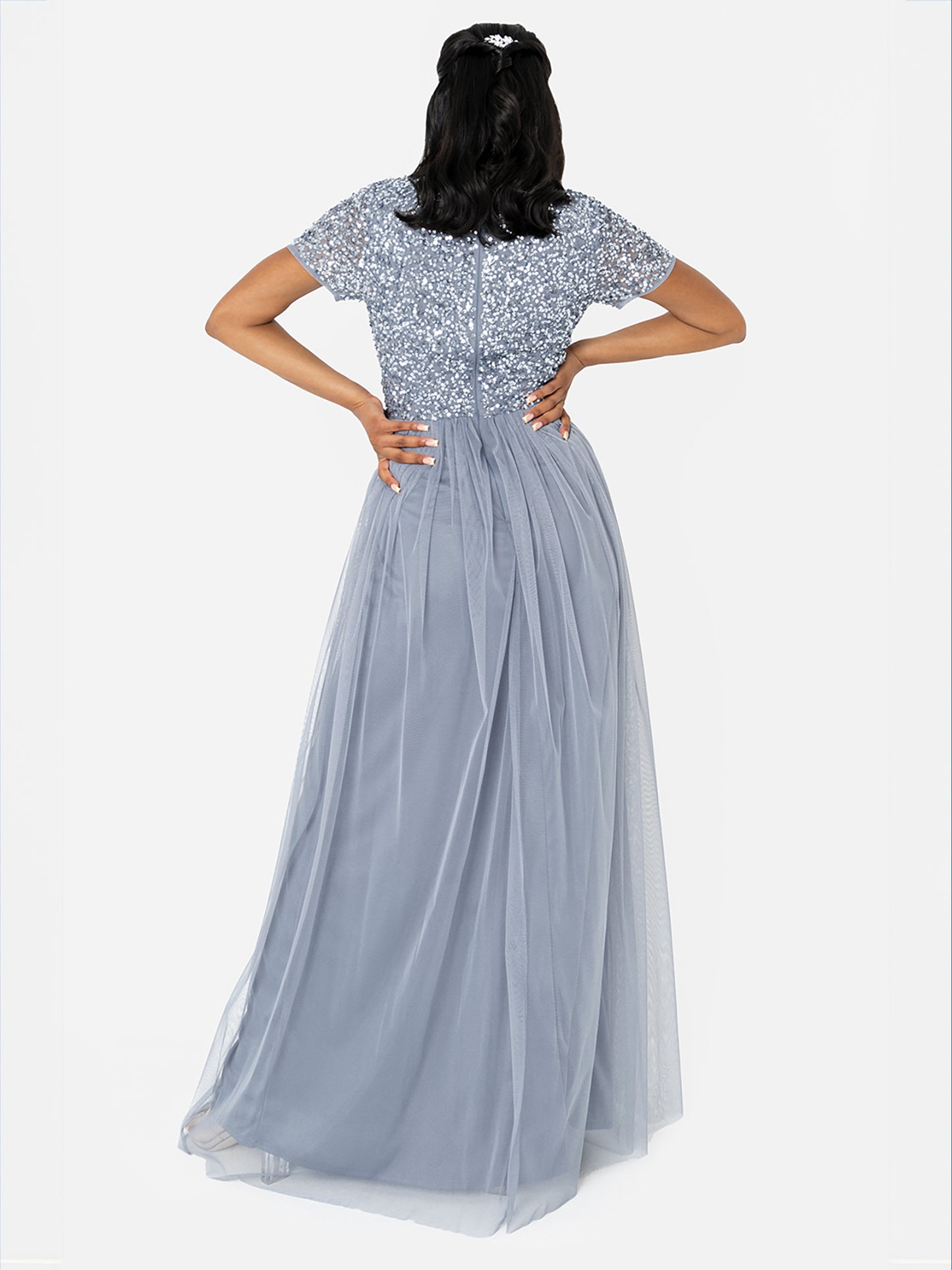 Maya Dusty Blue V Neckline Embellished Maxi Dress