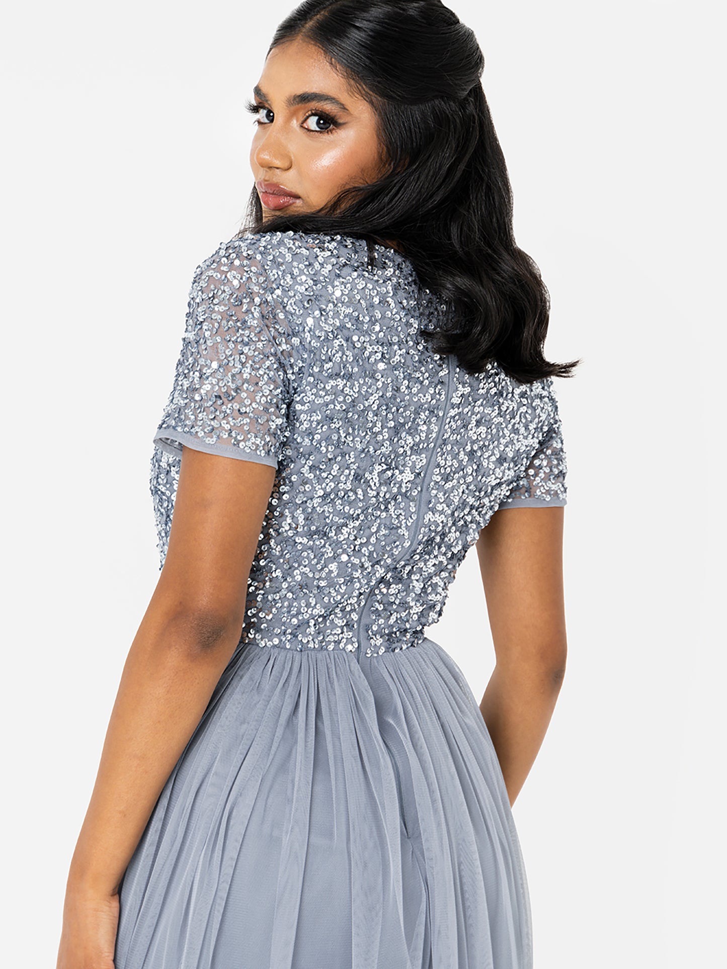 Maya Dusty Blue V Neckline Embellished Maxi Dress