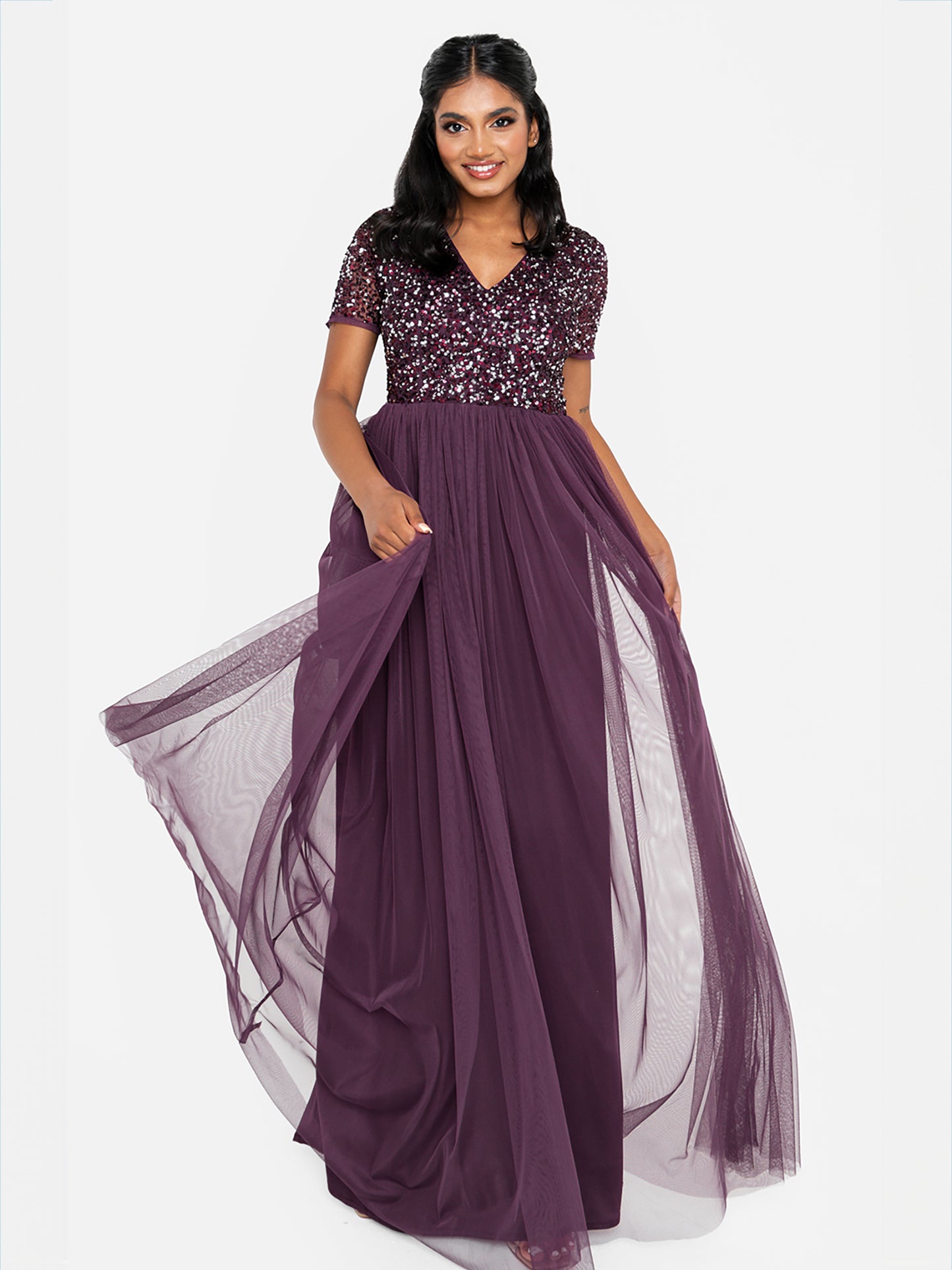 Maya Berry V Neckline Embellished Maxi Dress