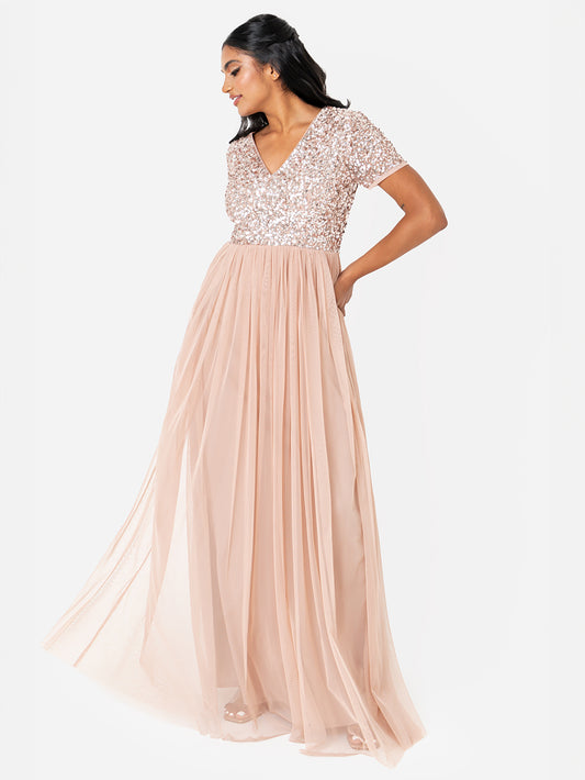 Maya Taupe Blush V Neckline Embellished Maxi Dress