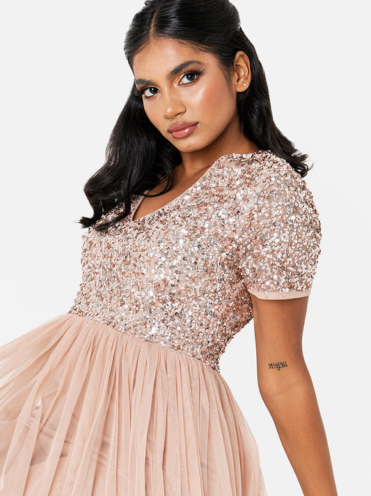 Maya Taupe Blush V Neckline Embellished Maxi Dress