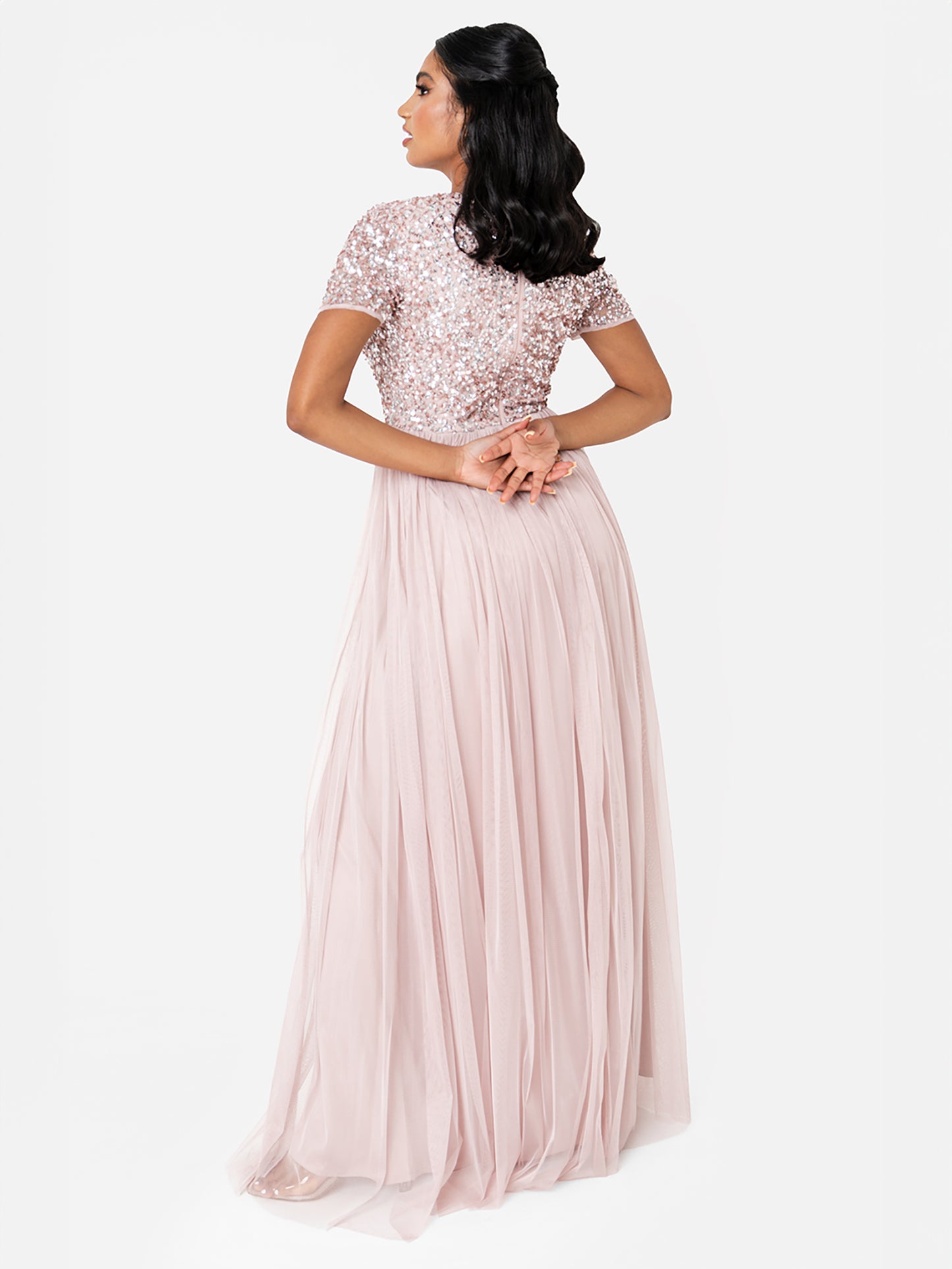 Maya Frosted Pink V Neckline Embellished Maxi Dress
