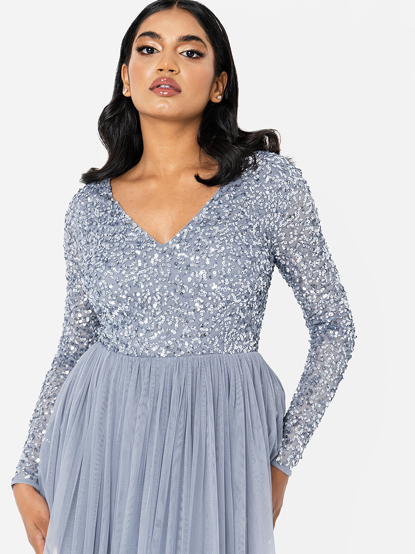 Maya Dusty Blue V Neck Embellished Long Sleeve Maxi Dress
