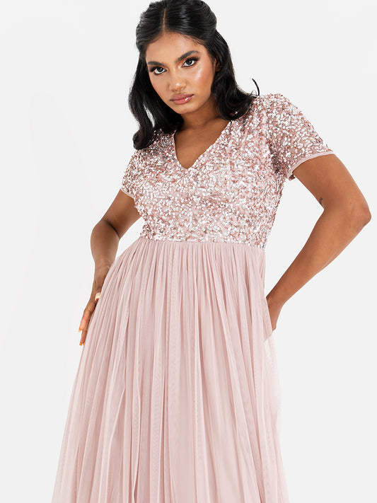 Maya Frosted Pink V Neckline Embellished Maxi Dress