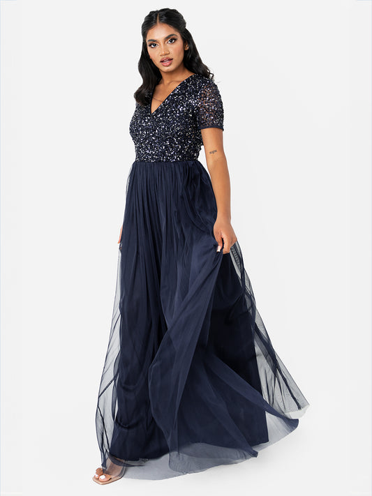 Maya Navy V Neckline Embellished Maxi Dress
